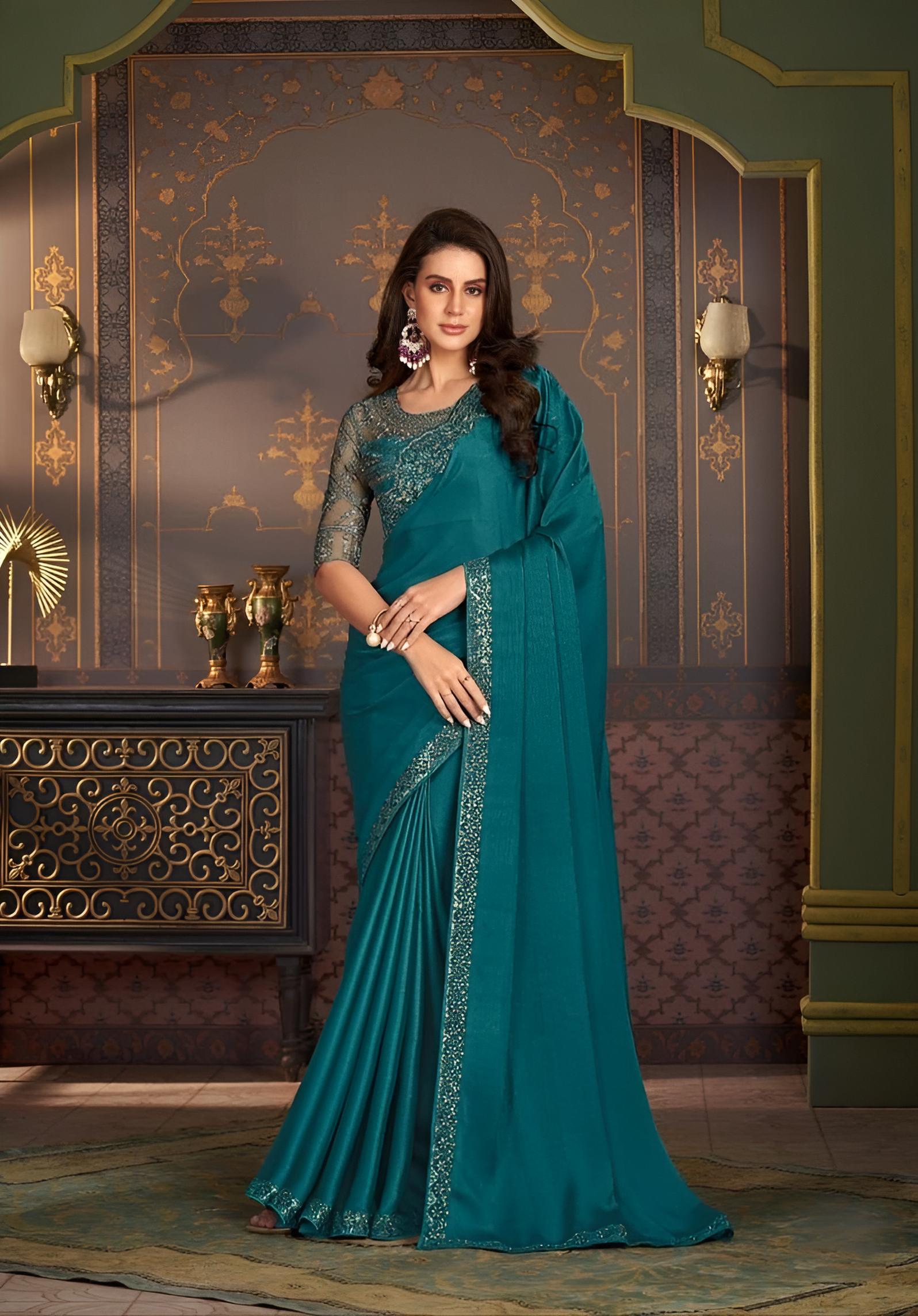 Teal Green Fancy Fabric Saree