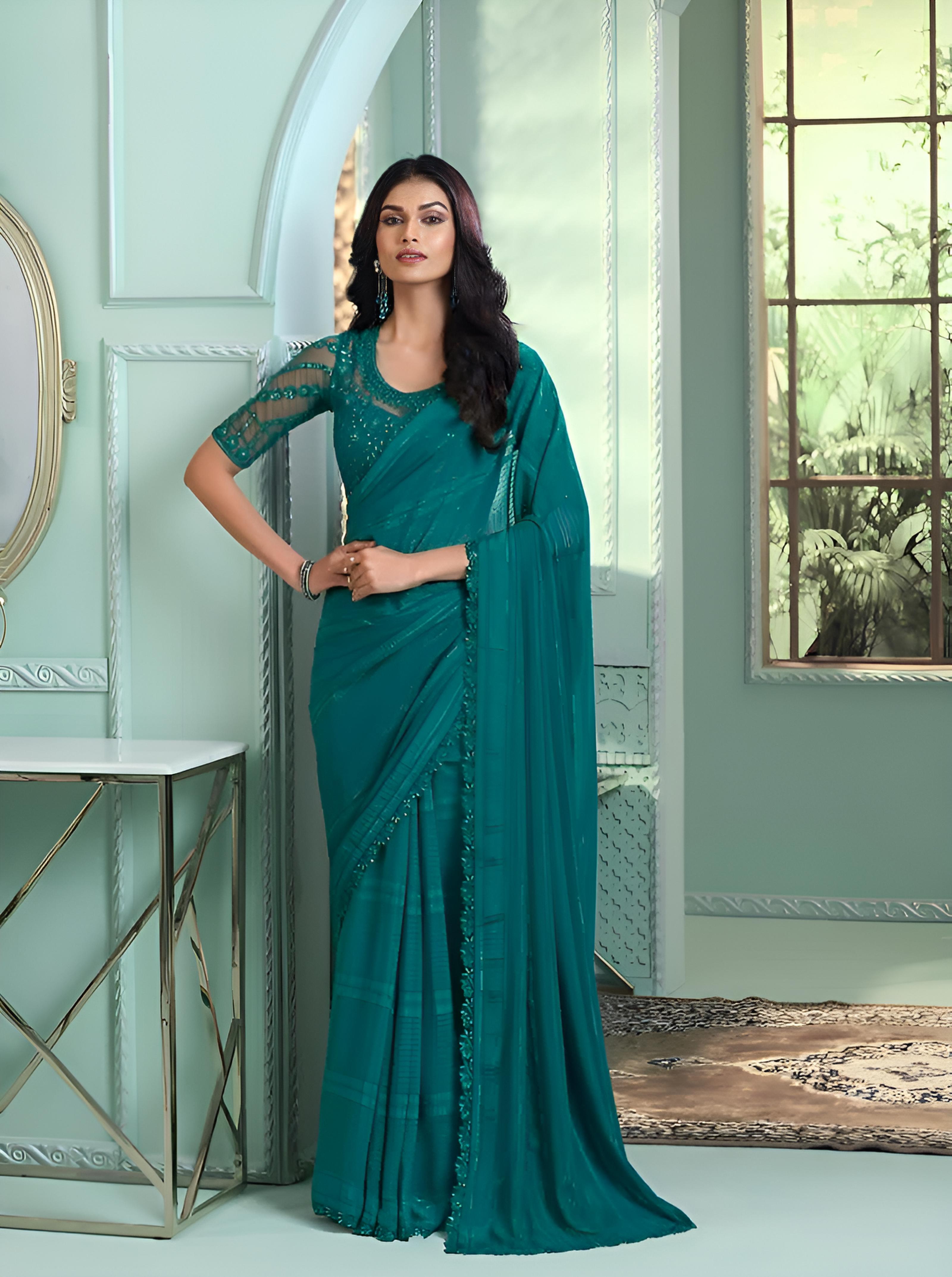 Teal Green Fancy Fabric Saree