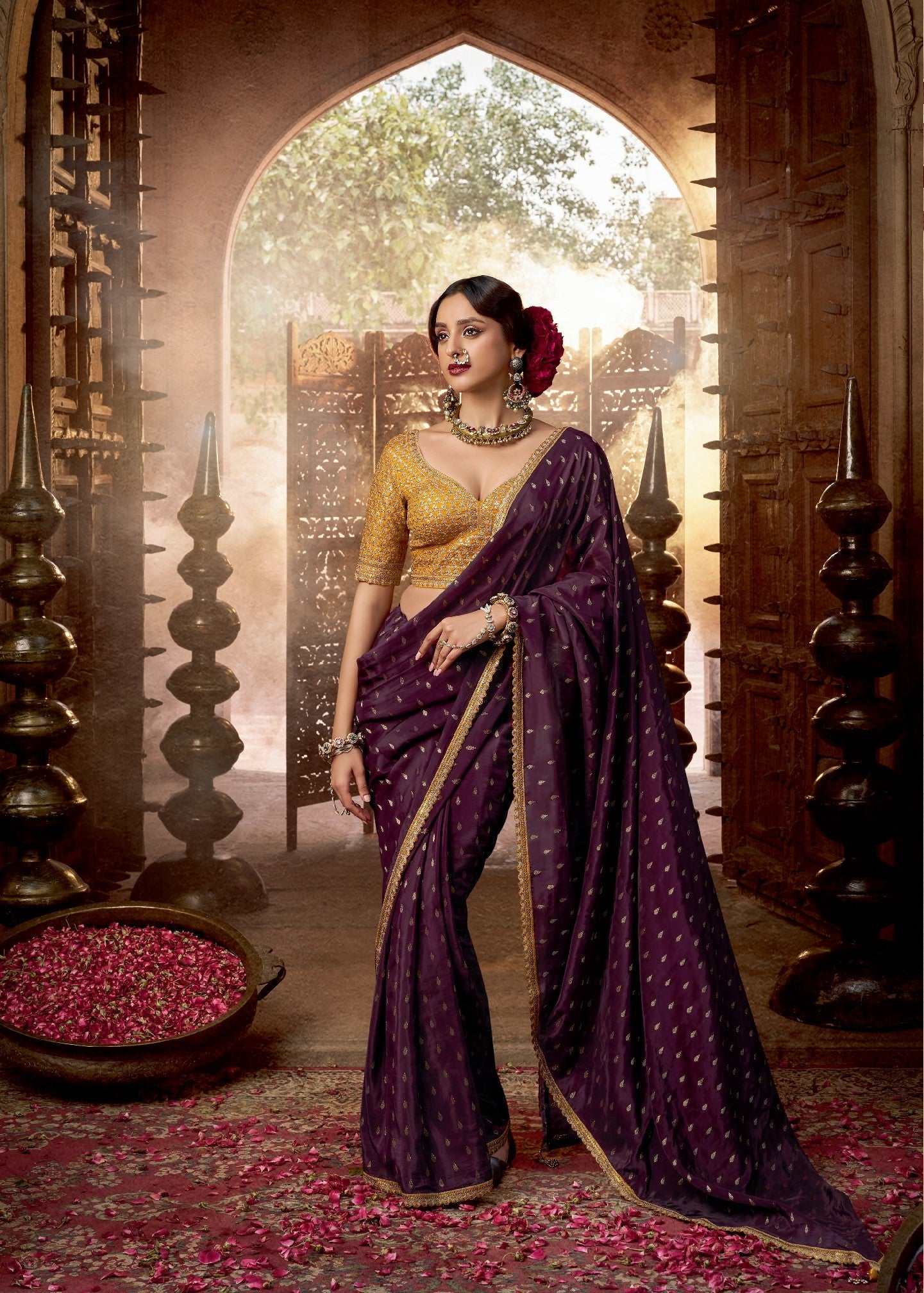 Purple Crepe Saree With Gold Blouse