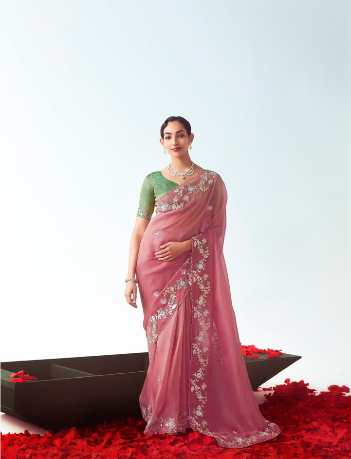 Dusty Rose Fancy Saree With Work Blouse
