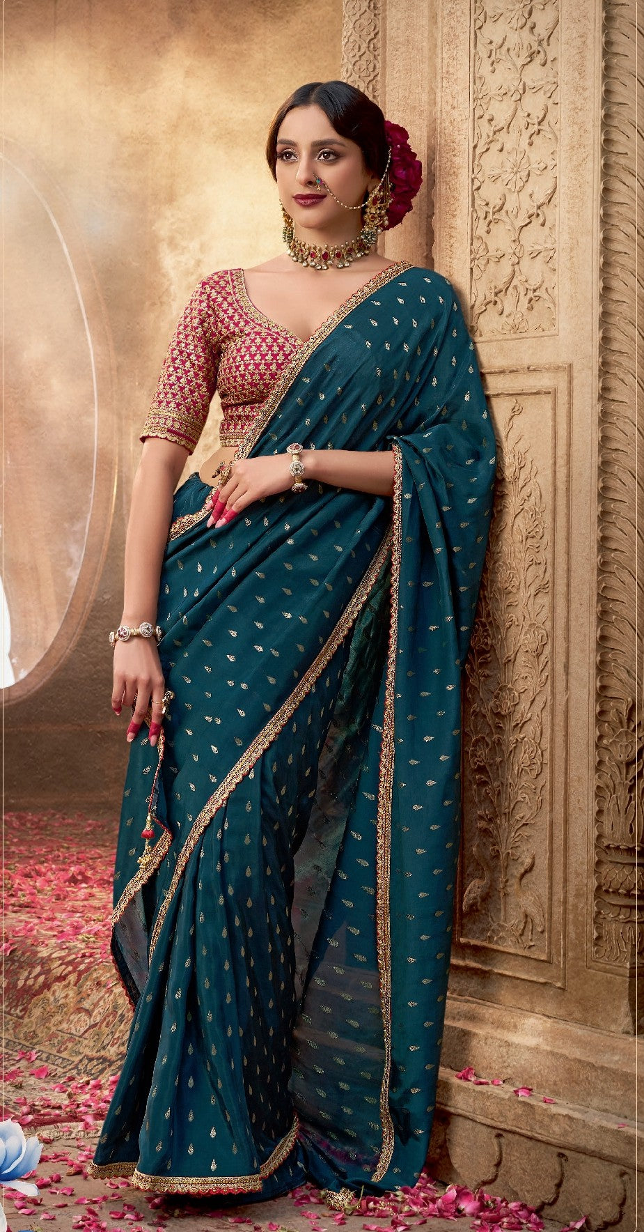 Teal Crepe Saree