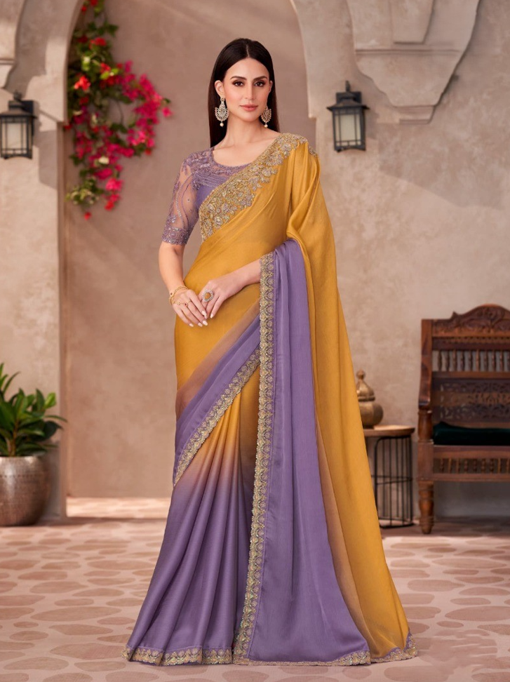 Mustard Yellow & Lavender Ombre Chiffon Saree & Linen Work Blouse