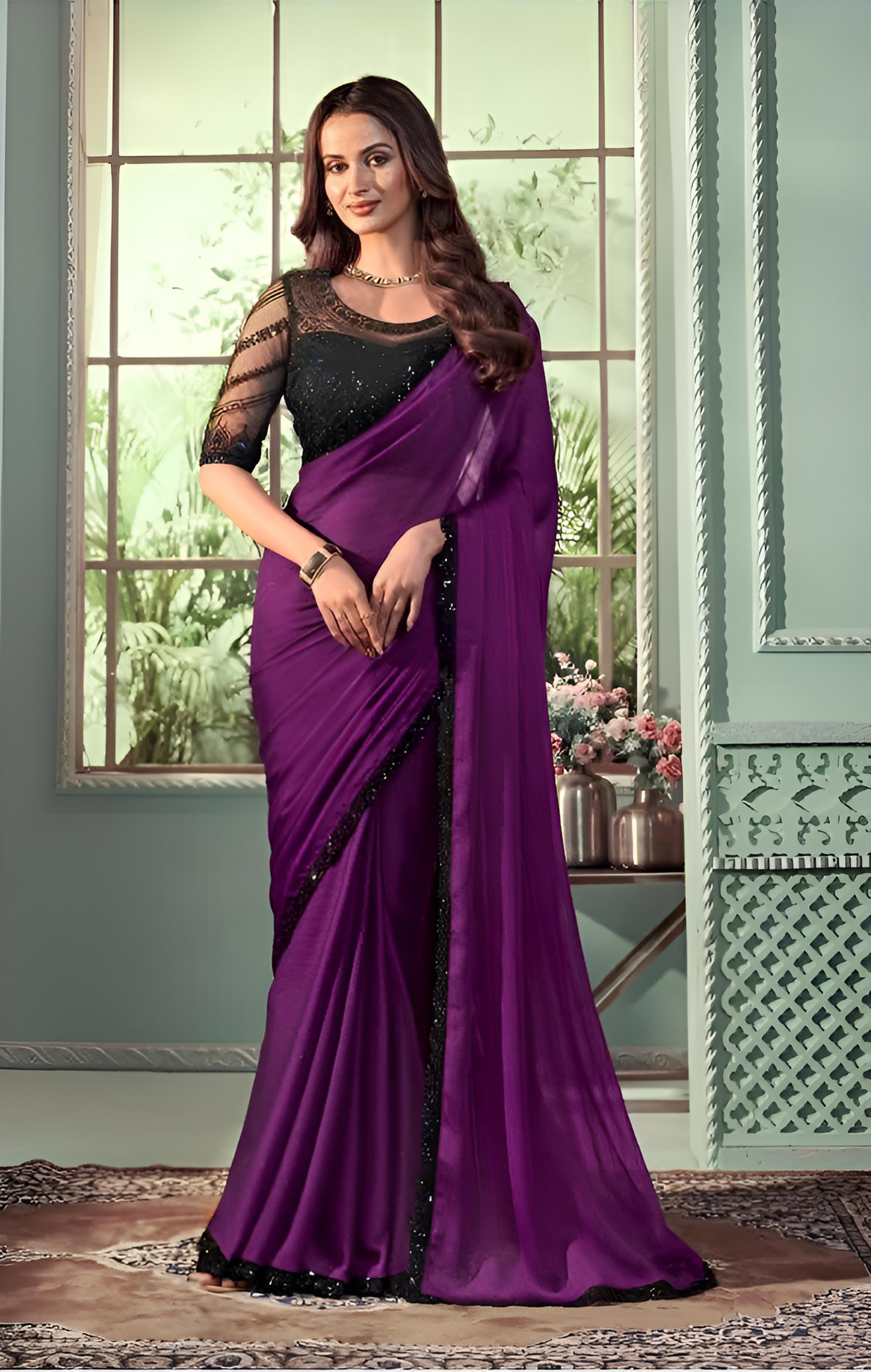 Wine Fancy Fabric Saree With Sequin Blouse