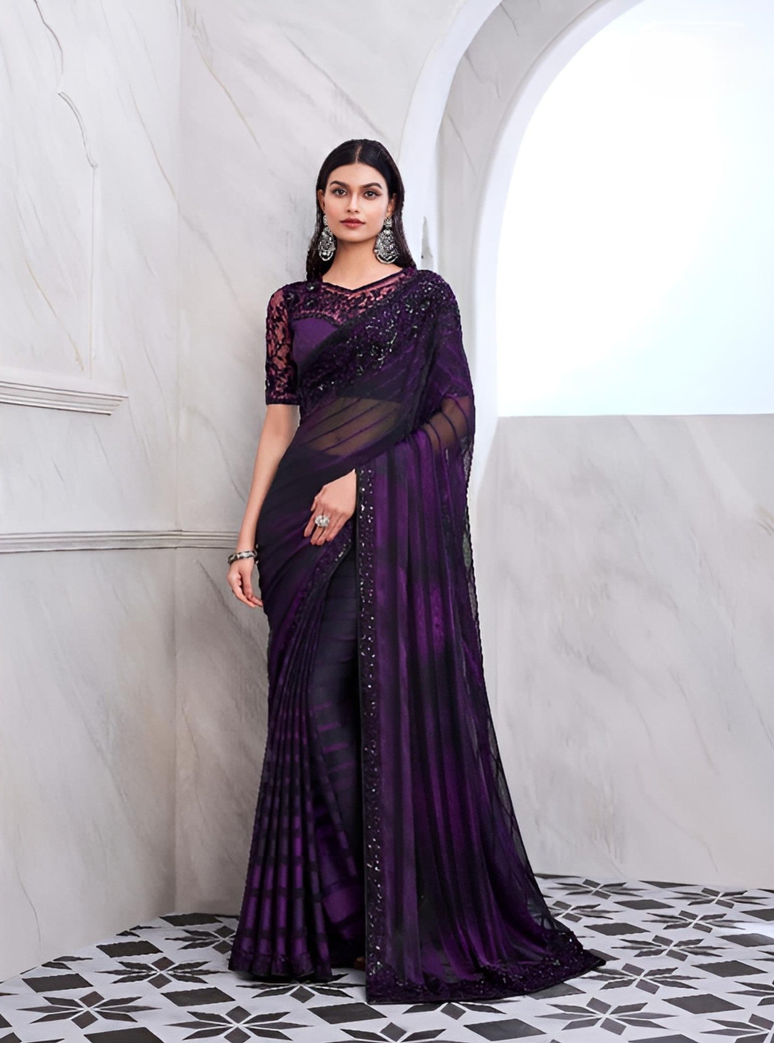 Purple Black Fancy Fabric Saree