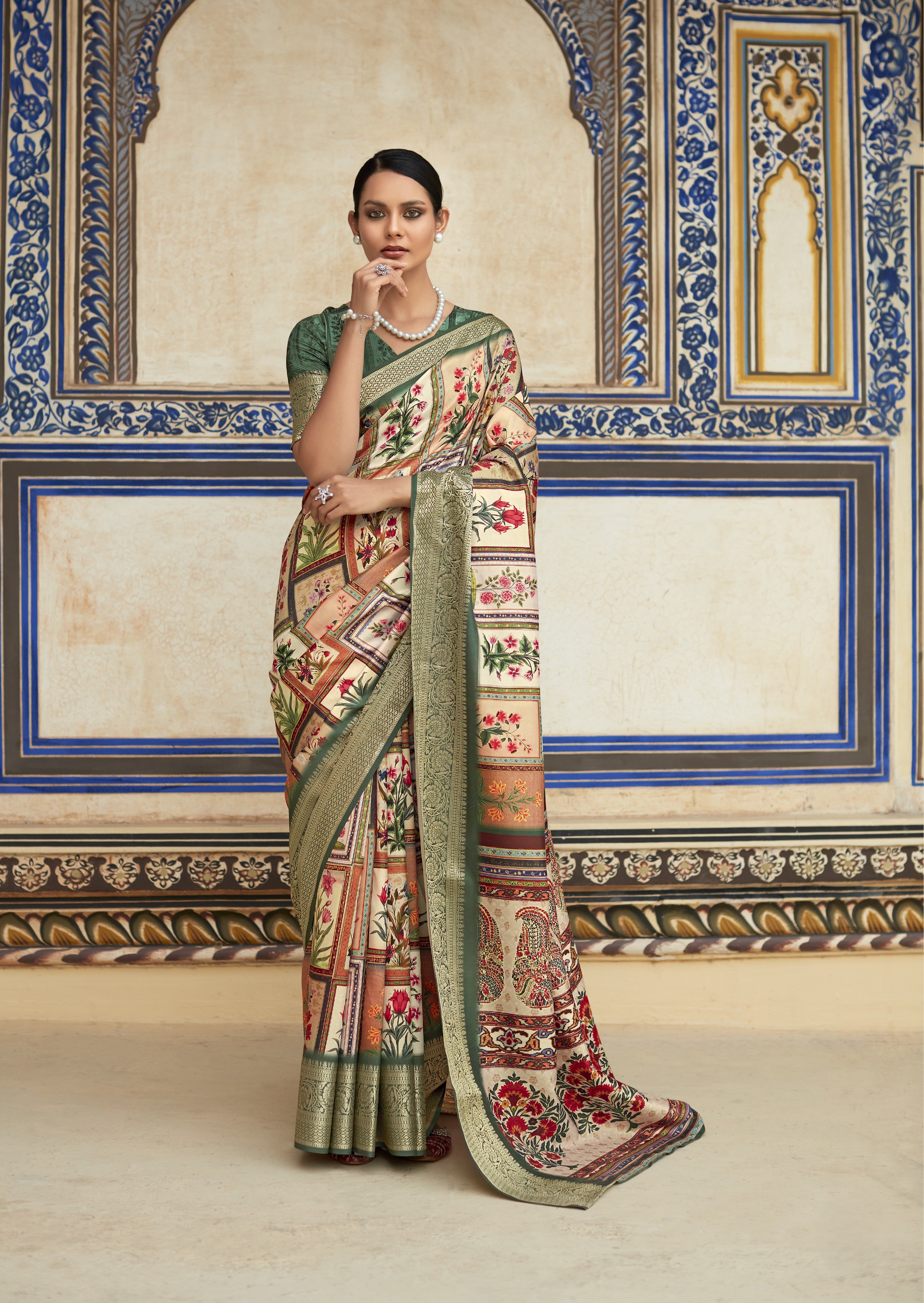 Cream And Multicolor Printed Dola Art Silk Saree