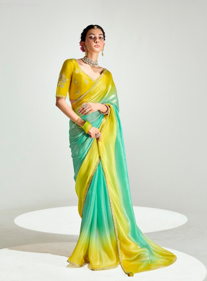 Yellow Green Organza Tissue Saree