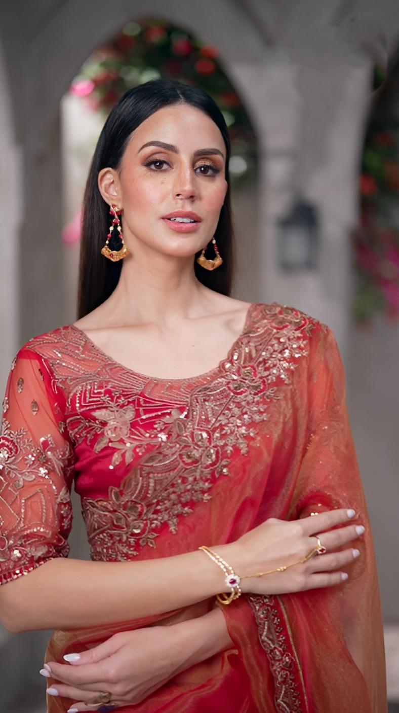 Golden Sparkle Tissue Saree & Linen Work Blouse