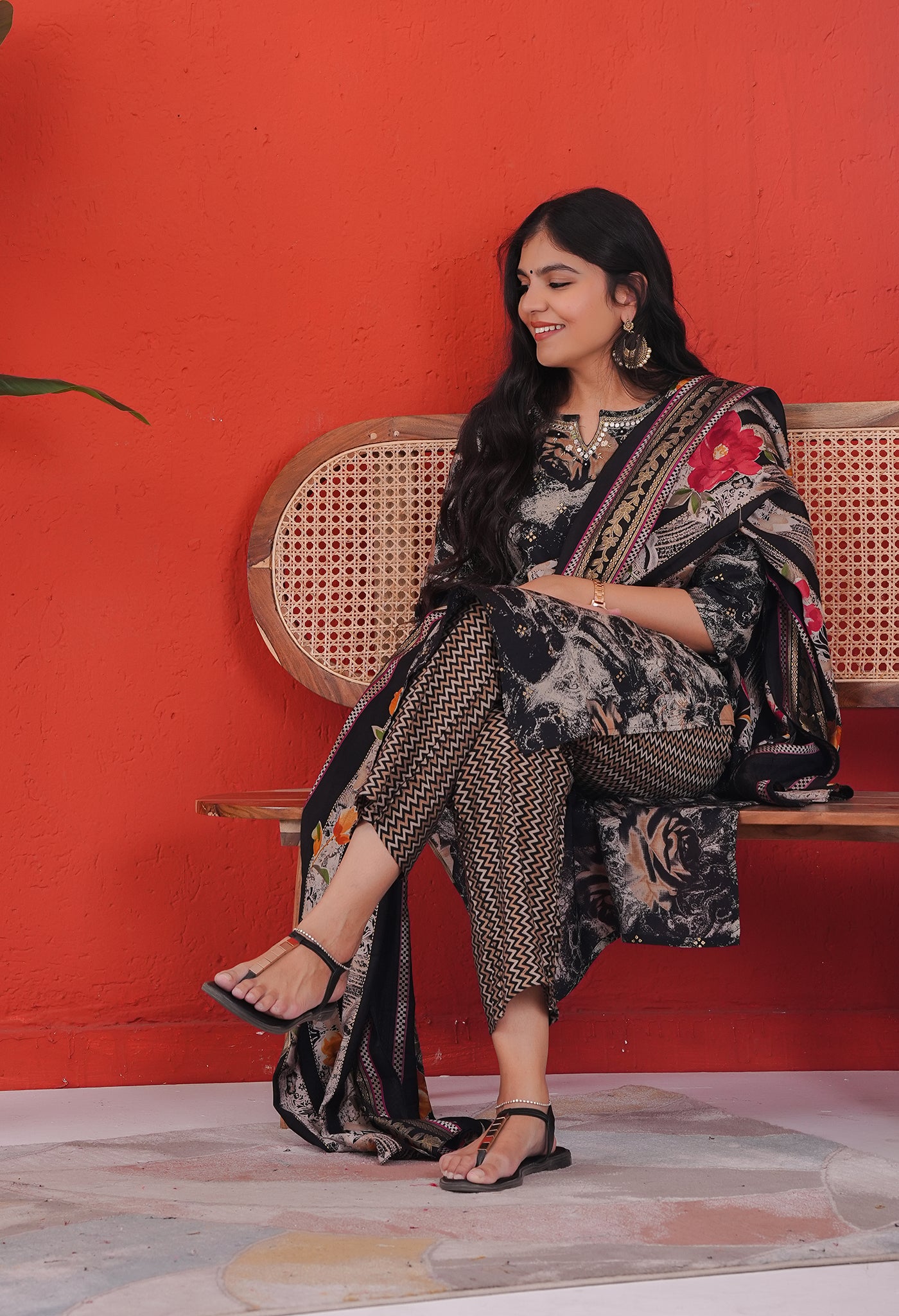 Black Modal Suit Set with Mirror Work on Neckline