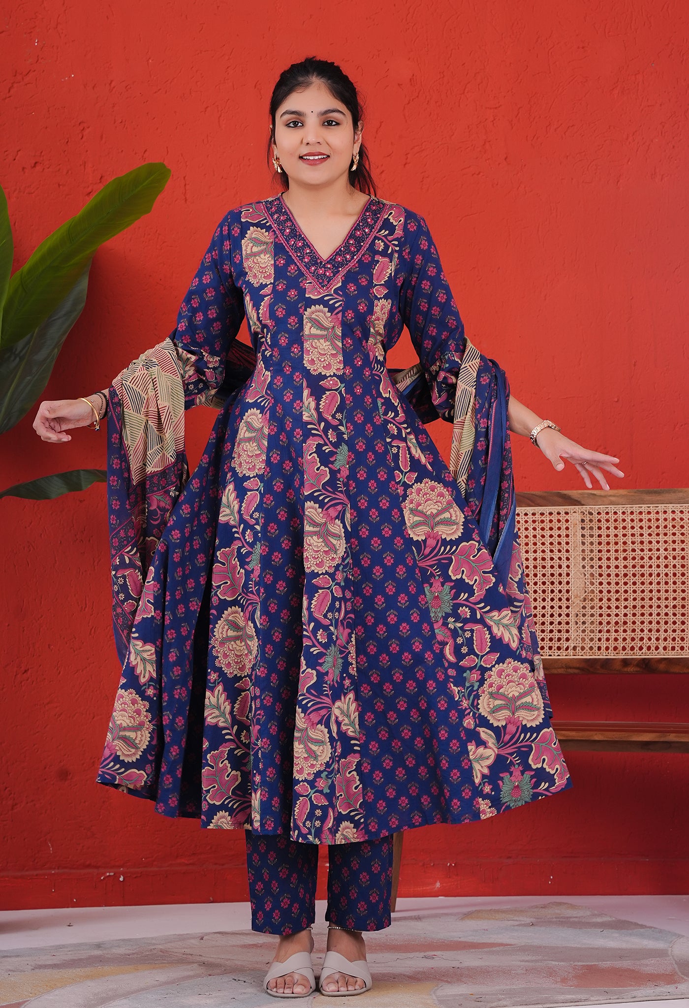 Blue Cotton Kurta Pant Suit Set with Ajrakh Print