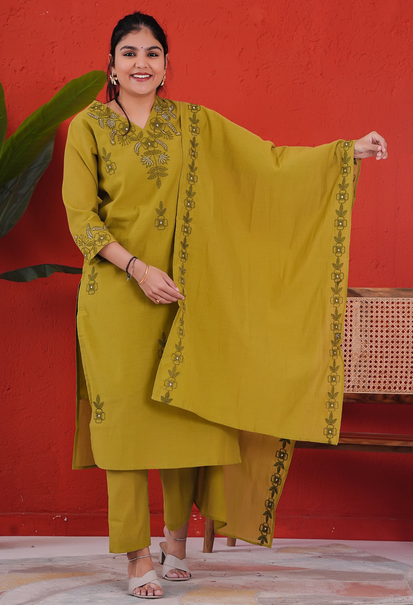 Green Soft Cotton Suit Set featuring Delicate Floral Embroidery