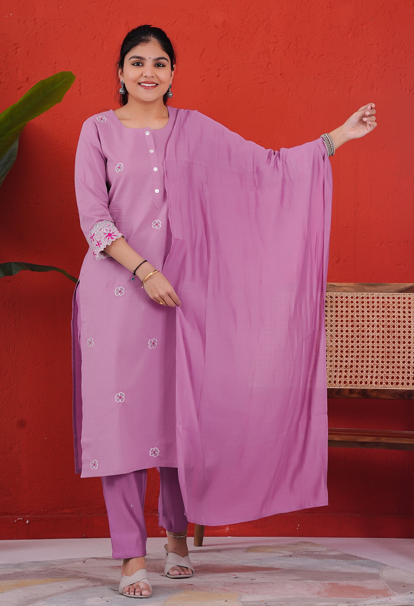 Purple Mul Chanderi Suit Set with Floral Motifs