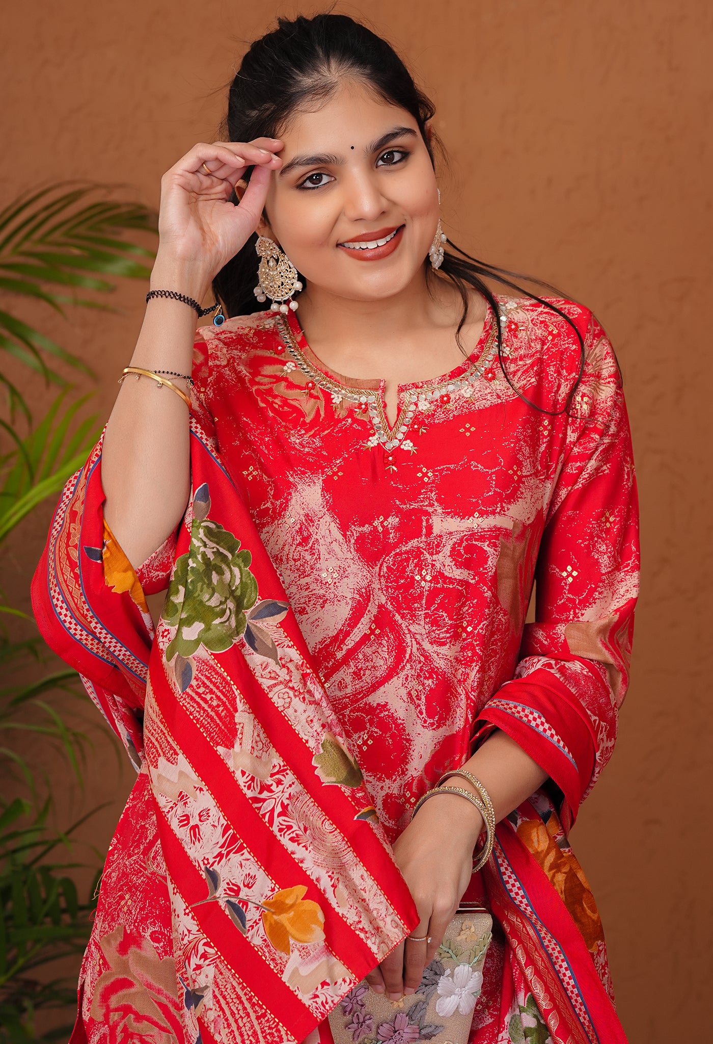 Red Modal Suit Set with Mirror Work on Neckline