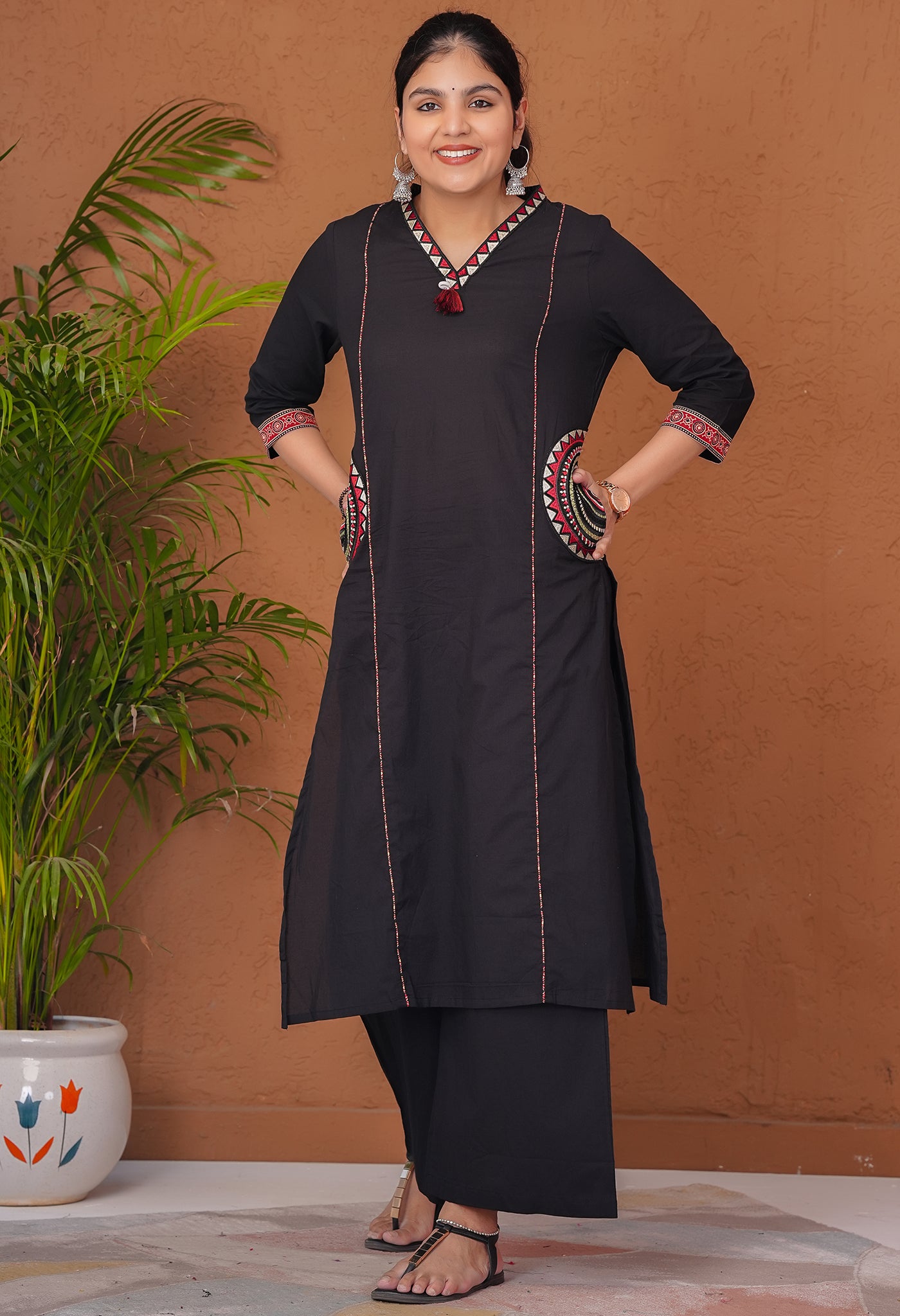 Black Cotton Suit Set with Ajrakh Print Dupatta