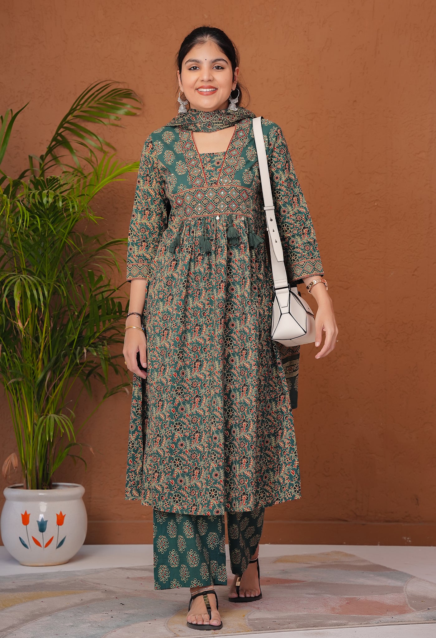 Green & Red A-Line Kurta Suit Set featuring Geometric Print