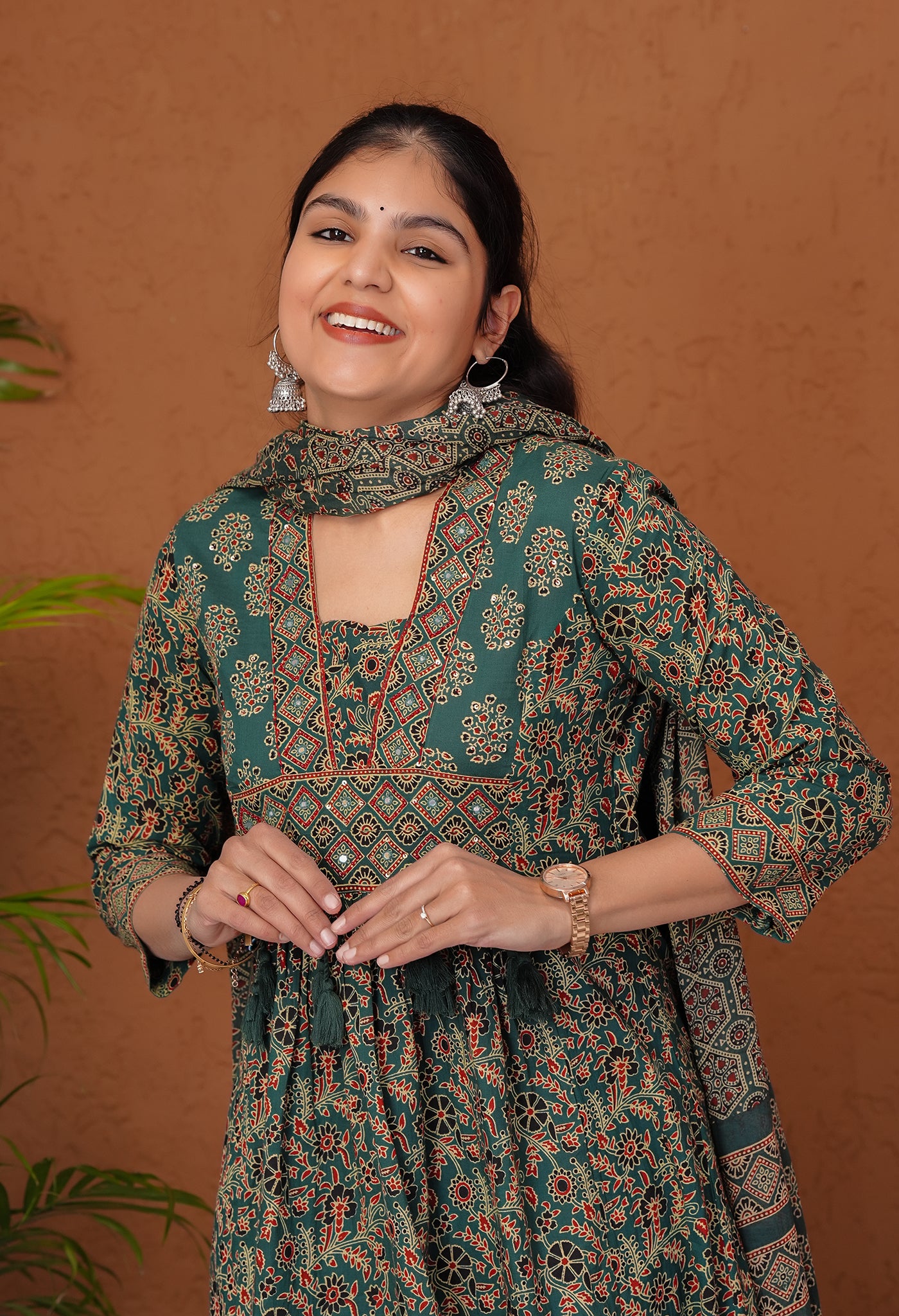 Green & Red A-Line Kurta Suit Set featuring Geometric Print