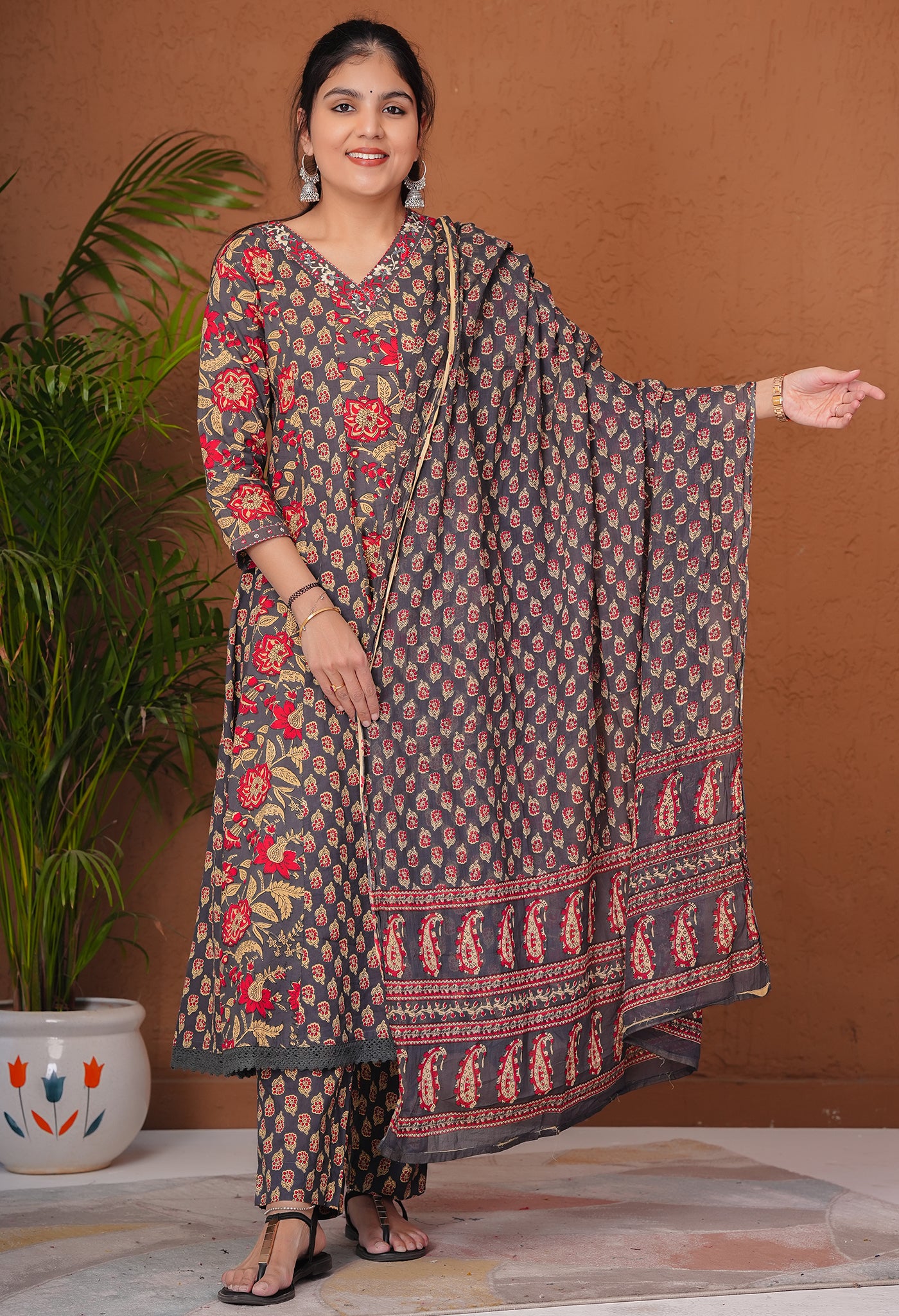 Grey & Red Cotton Anarkali Kurta Suit Set featuring Geometric and Floral Patterns