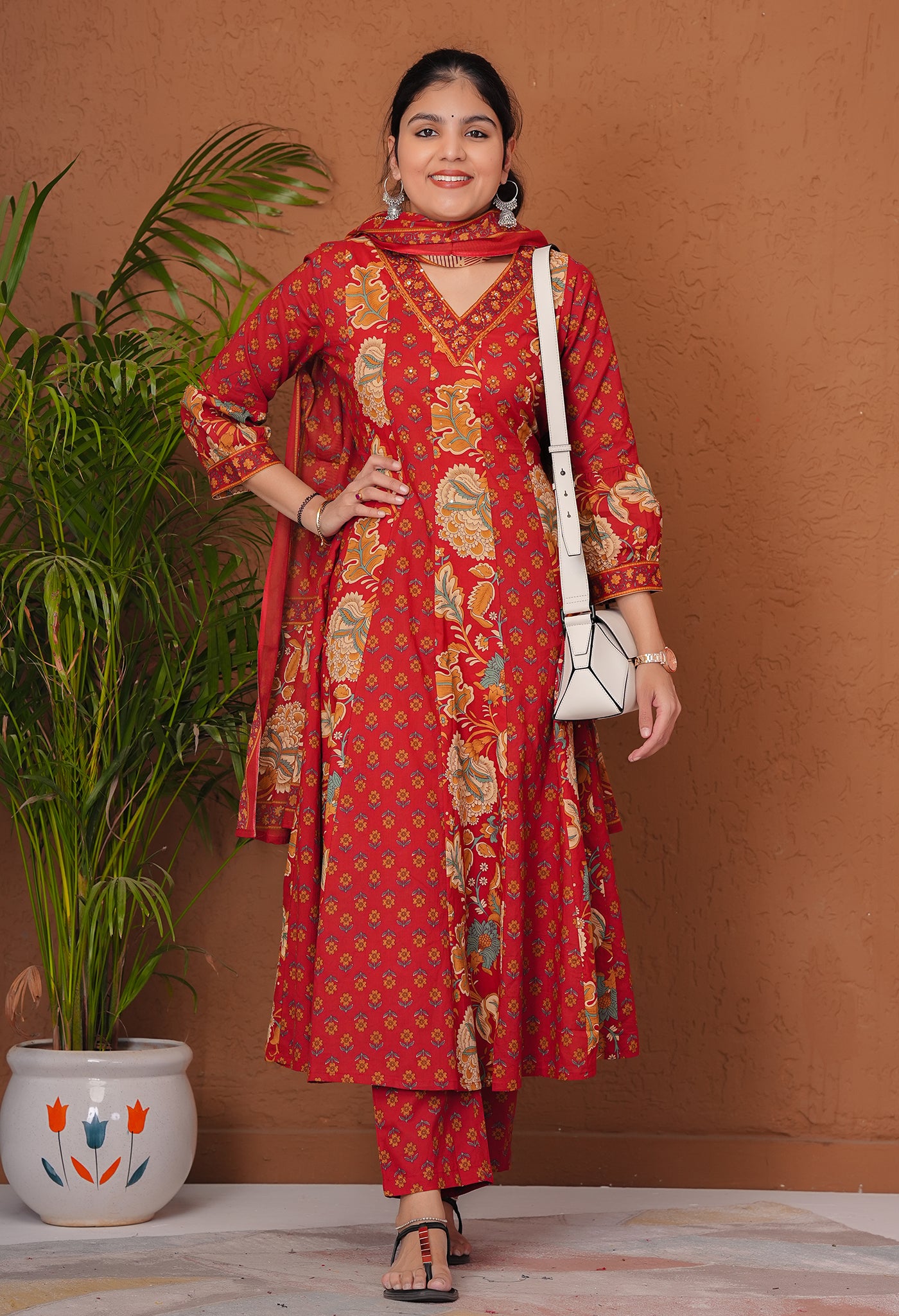 Red Cotton Kurta Pant Suit Set with Ajrakh Print