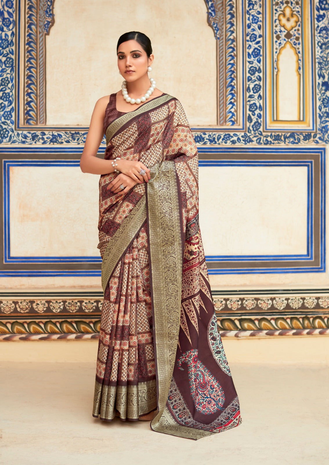 Brown Printed Dola Handloom Silk Saree