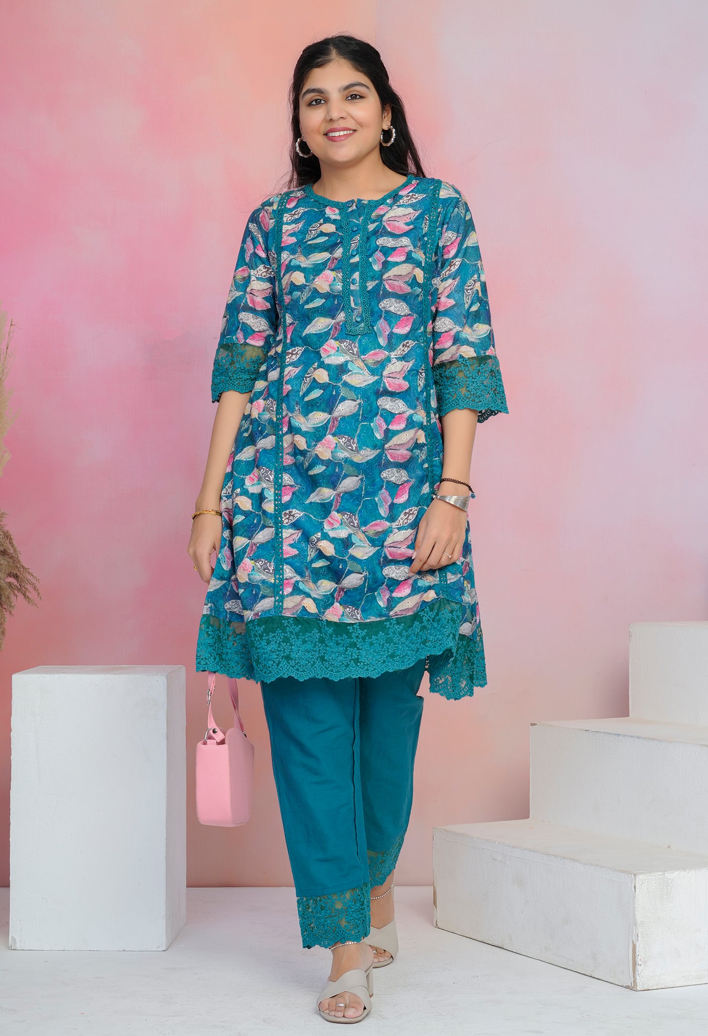 Turquoise Cotton A-Line Printed Kurta Set with Embroidery & Laced Solid Pants