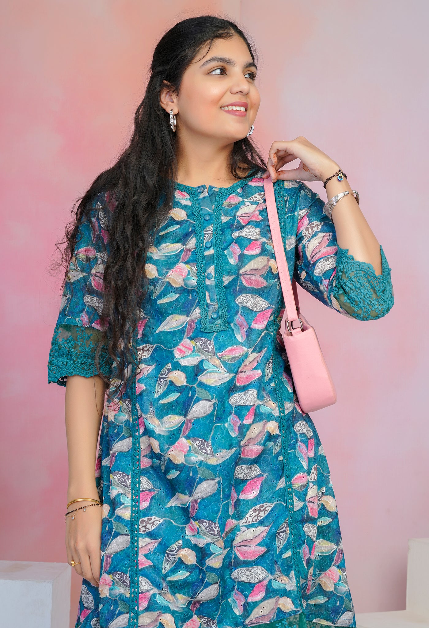 Turquoise Cotton A-Line Printed Kurta Set with Embroidery & Laced Solid Pants
