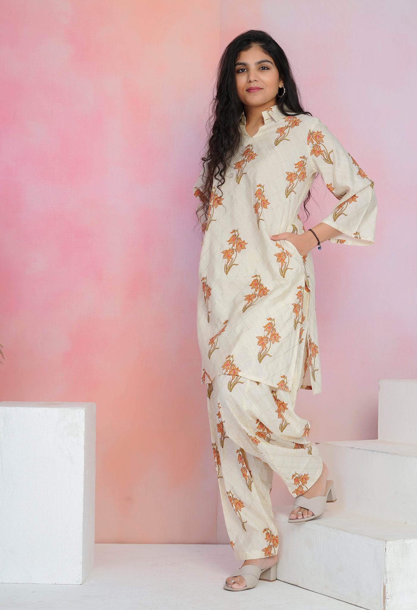 Cream Muslin Kurta Set with Tulip Pants