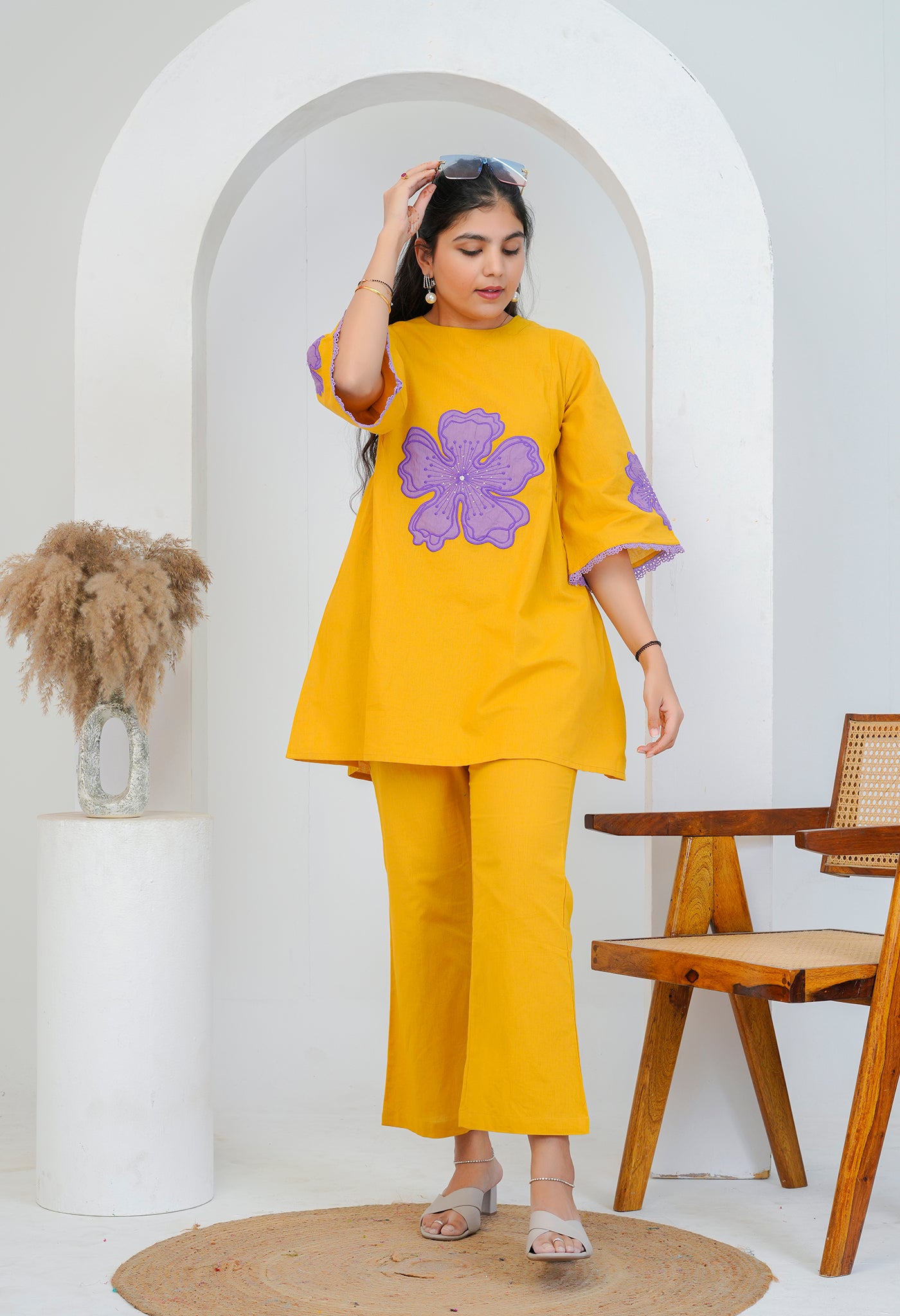 Mustard Cotton Flex Embroidered Co-ord Set