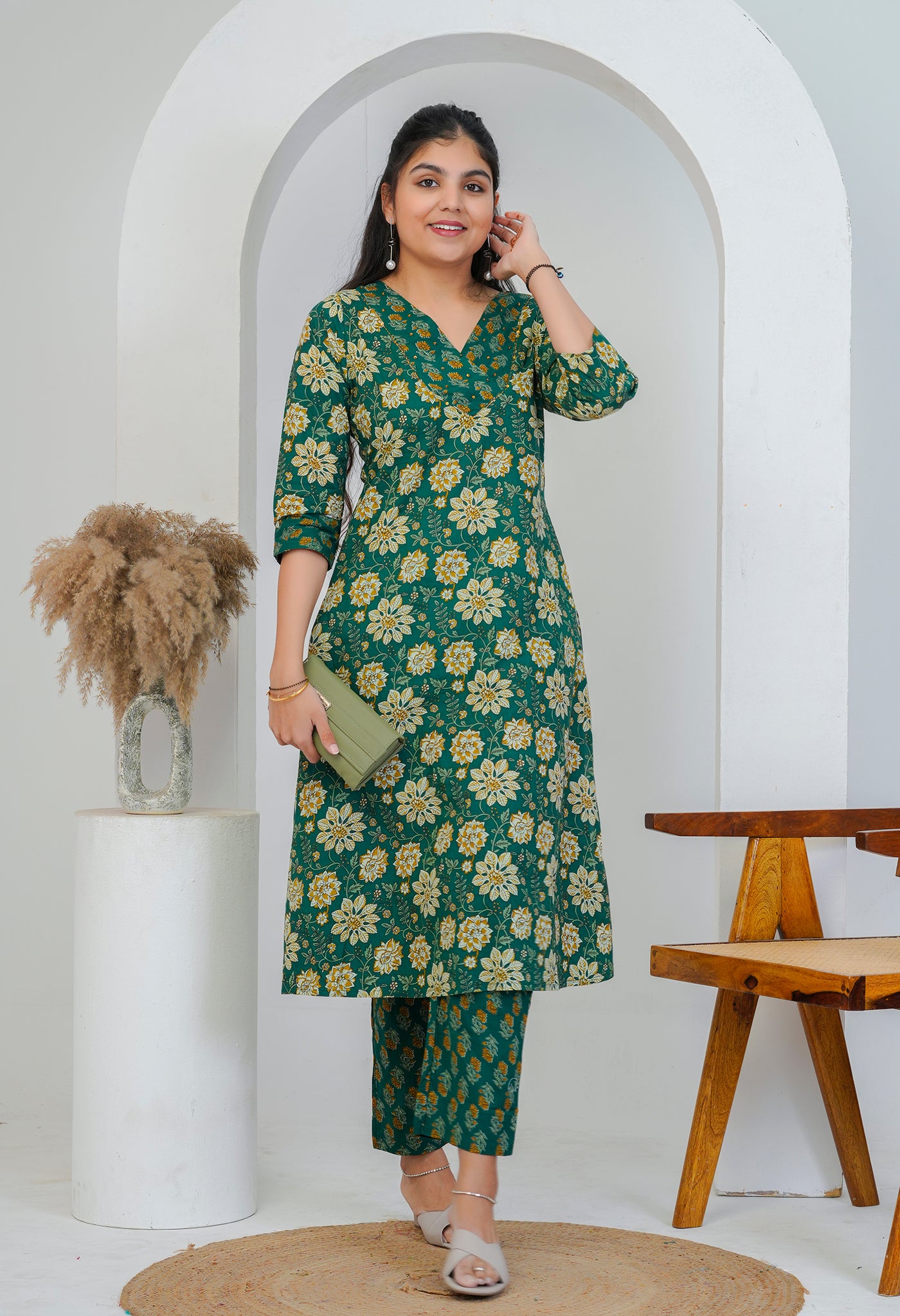 Dark Green Floral Cotton Kurta Palazzo Set