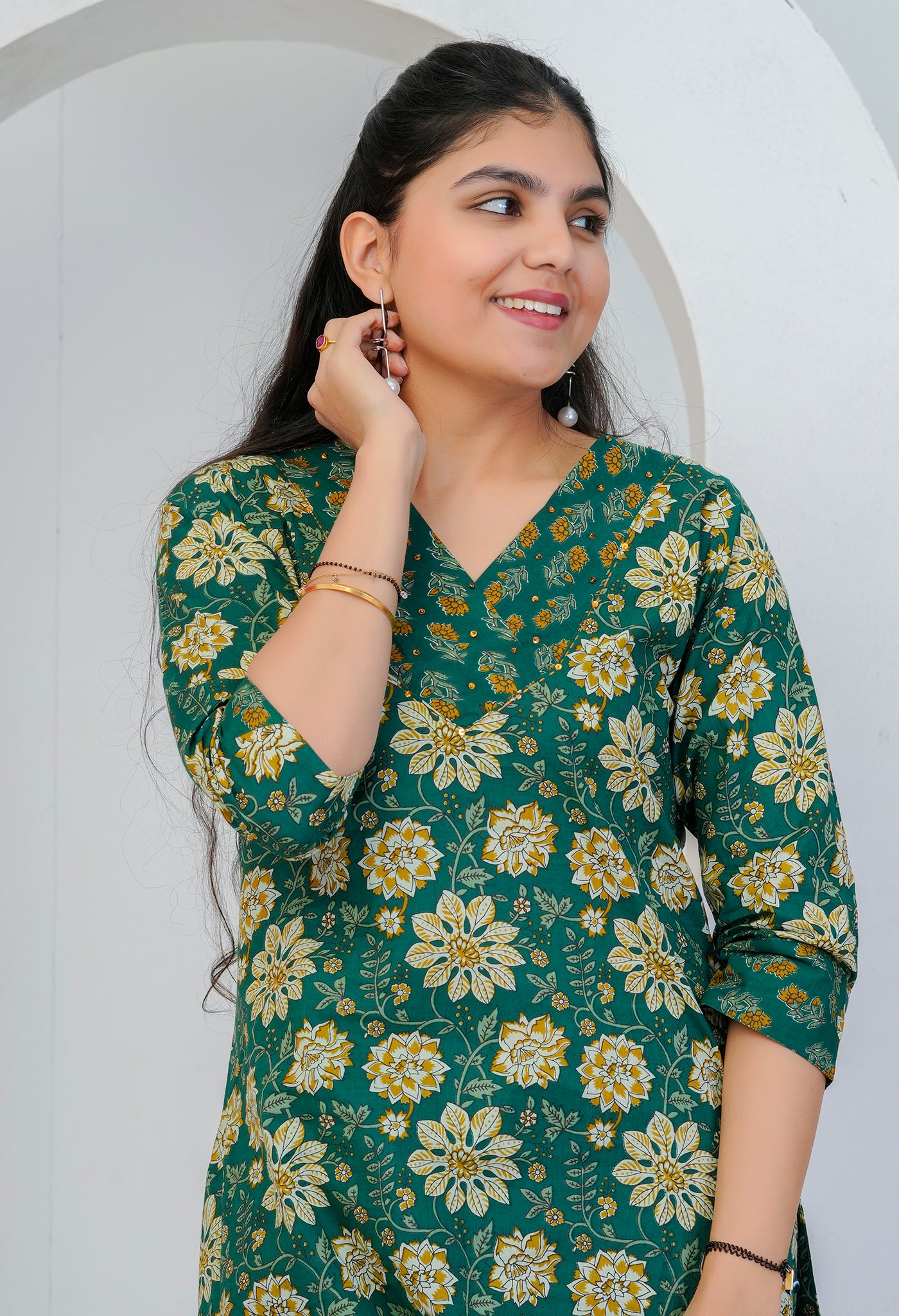 Dark Green Floral Cotton Kurta Palazzo Set