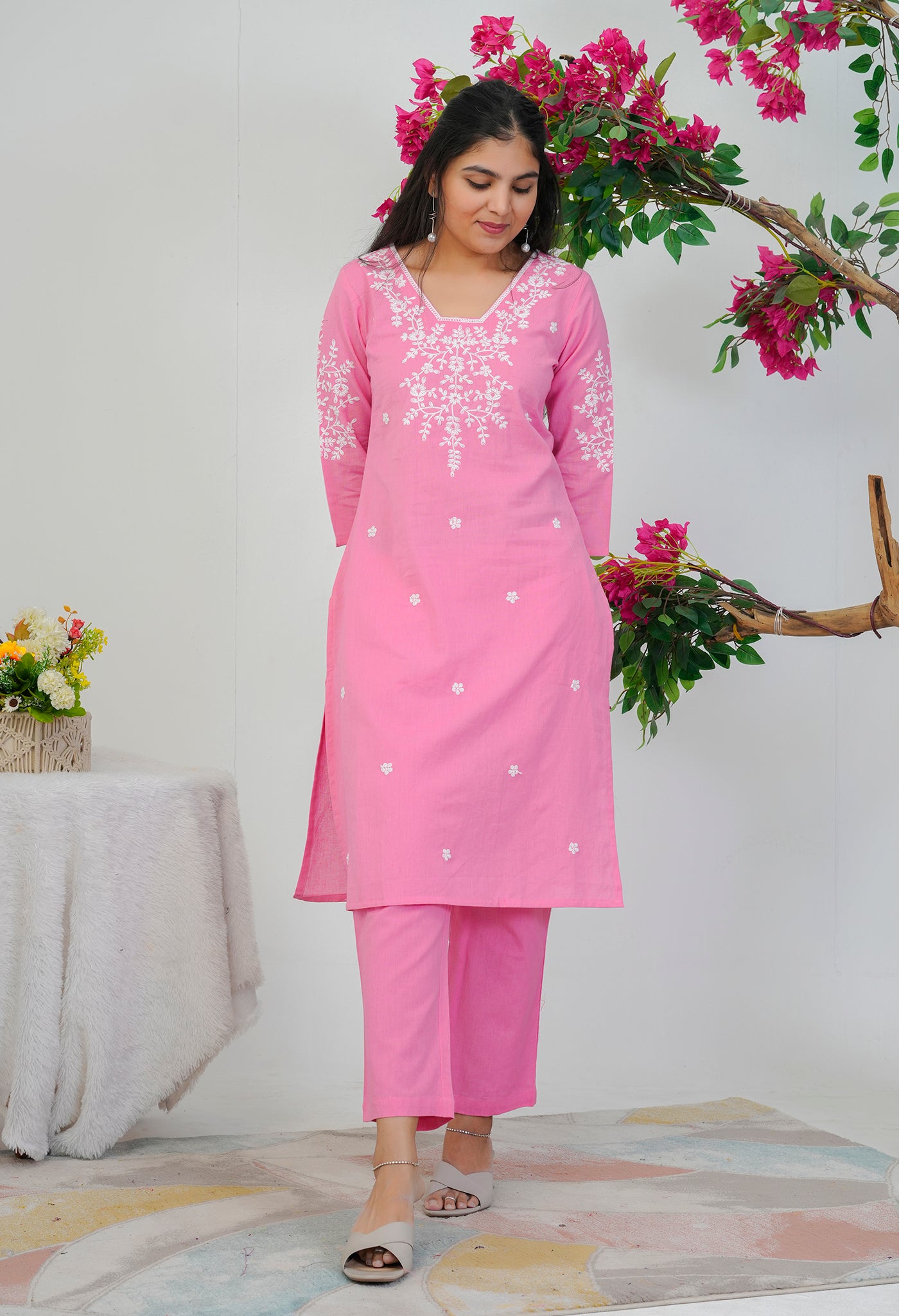 Pink Cotton Flex Hand Embroidered Kurta Palazzo Set