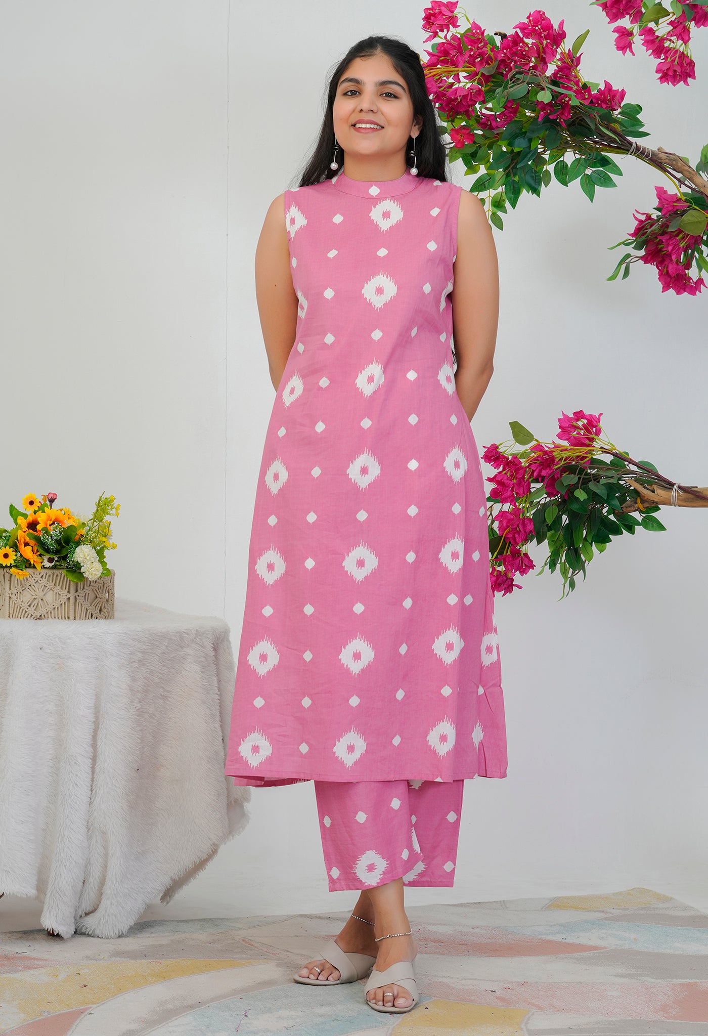 Pink Cotton 60x60 Sleeveless Kurta & Palazzo Set