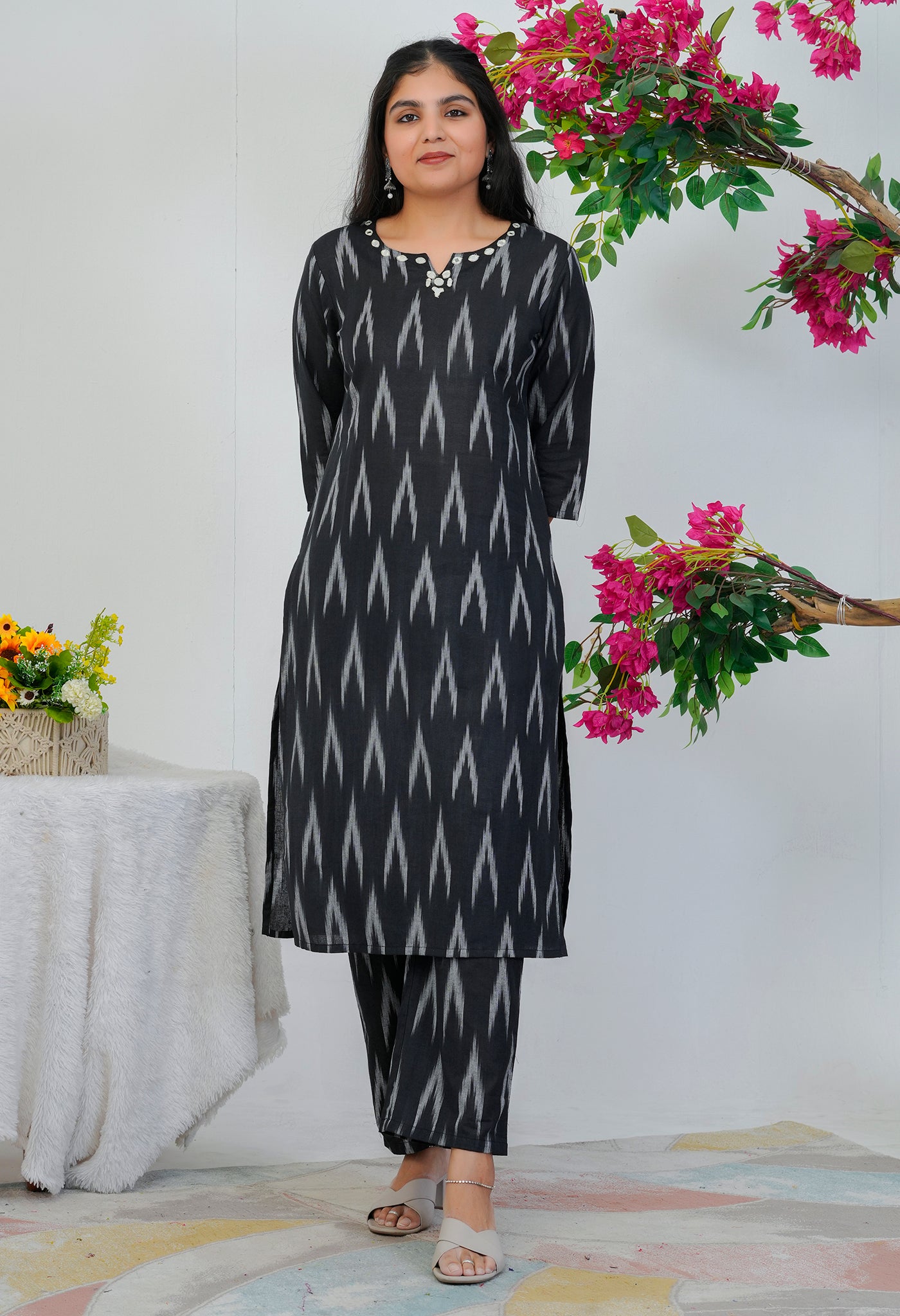 Black & Grey Cotton Kurta Palazzo Set