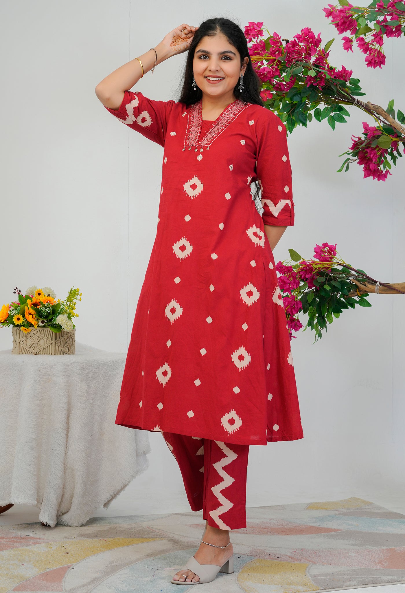Red Cotton Kurta Palazzo Set with Ikkat Style Print