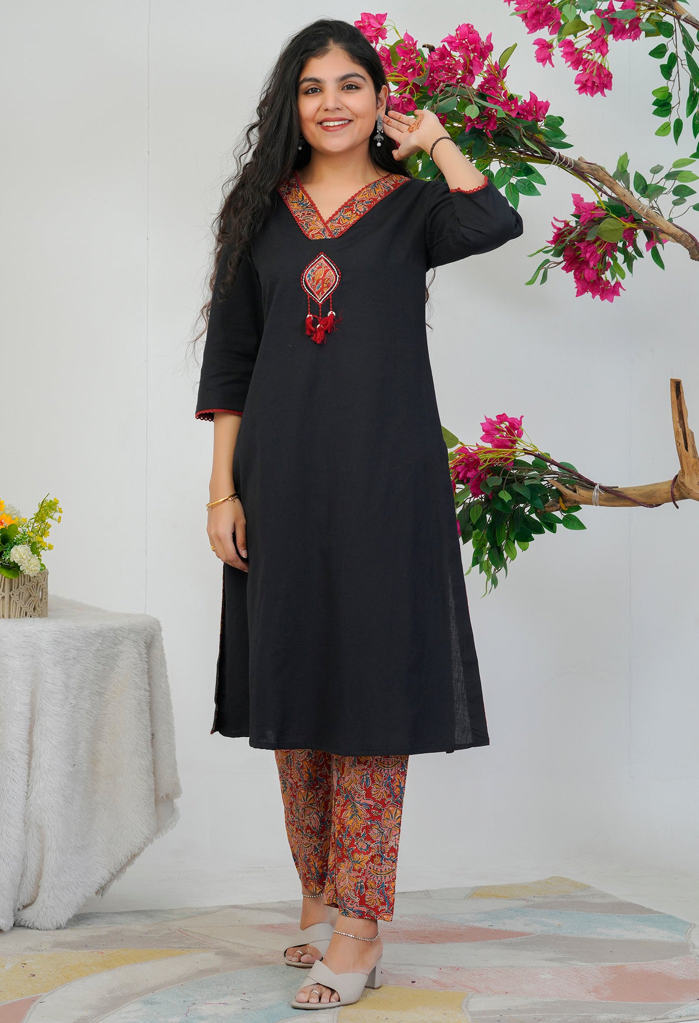 Black Red Cotton Kurta Palazzo Set