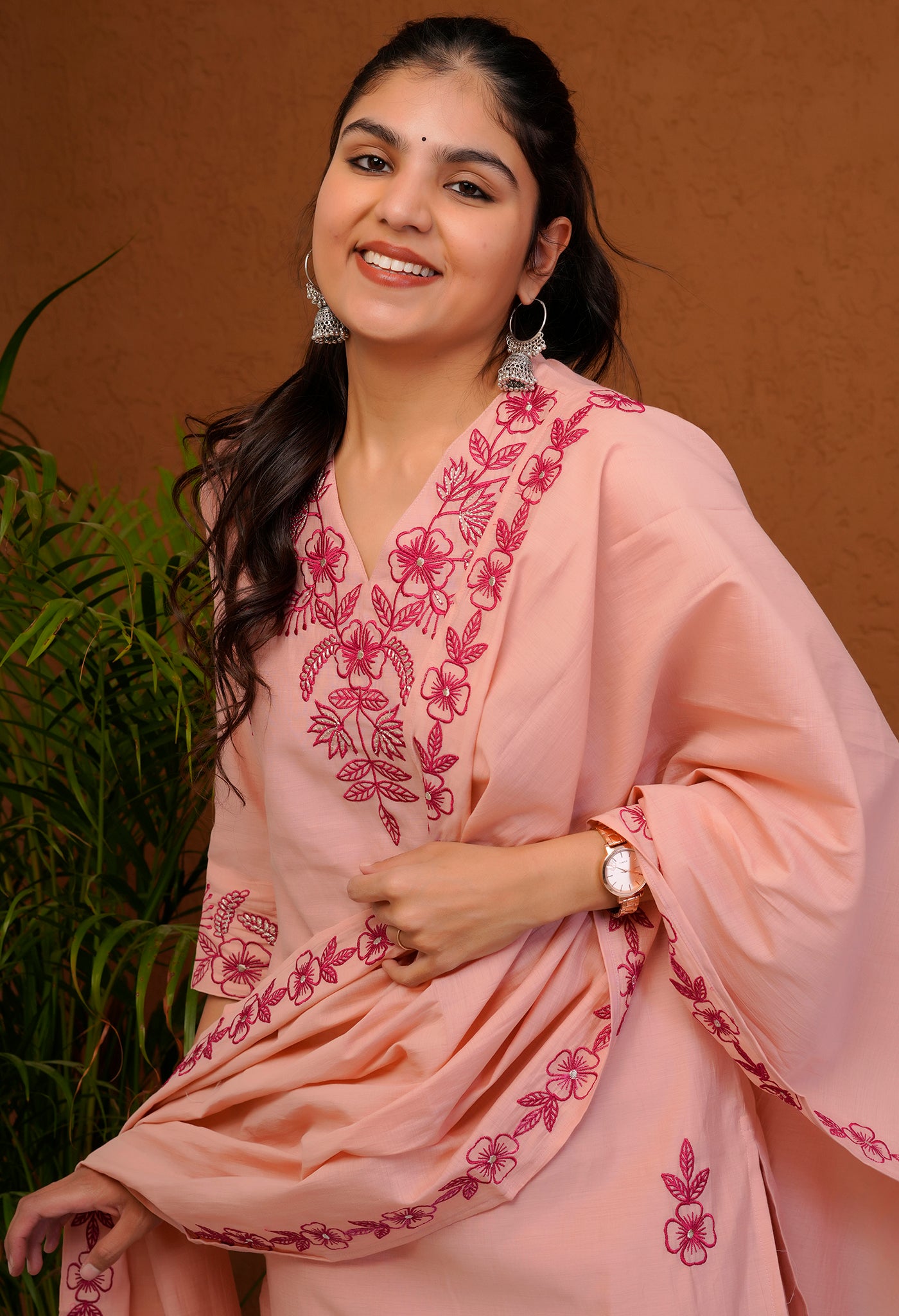 Peach Soft Cotton Suit Set featuring Delicate Floral Embroidery