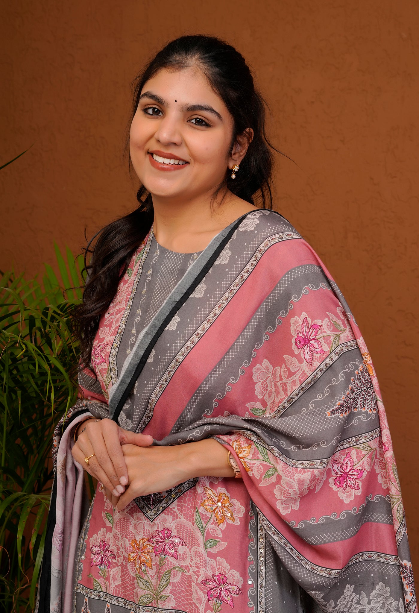 Pink and Grey Moroccan Silk Straight Kurta Set