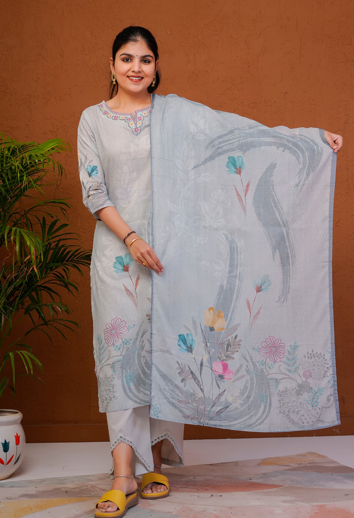 Cotton Grey Suit Set with Floral Print