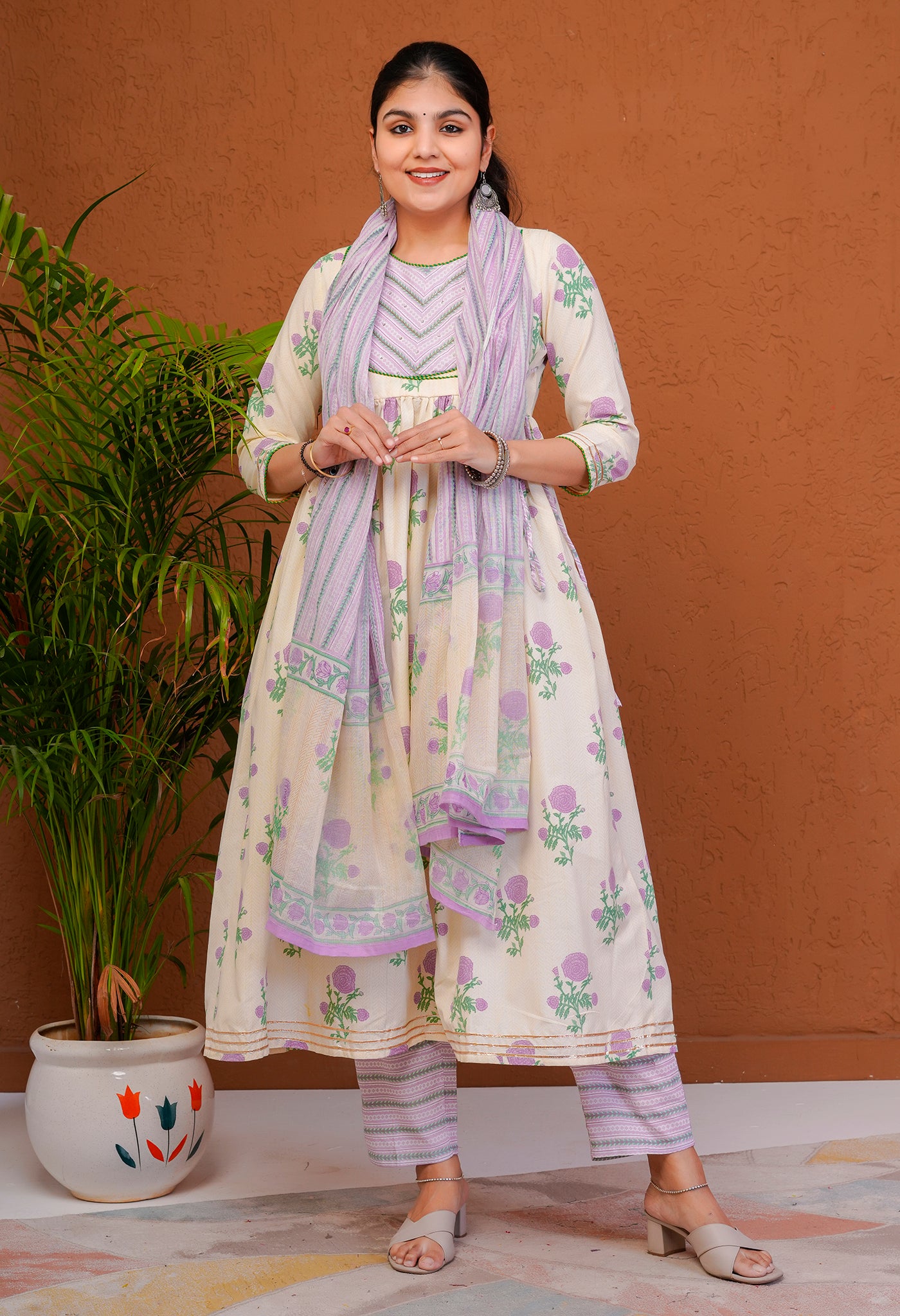 White & Purple Cotton Handblock Floral Print Kurta Suit Set featuring Gota Patti Work and Angrakha Style