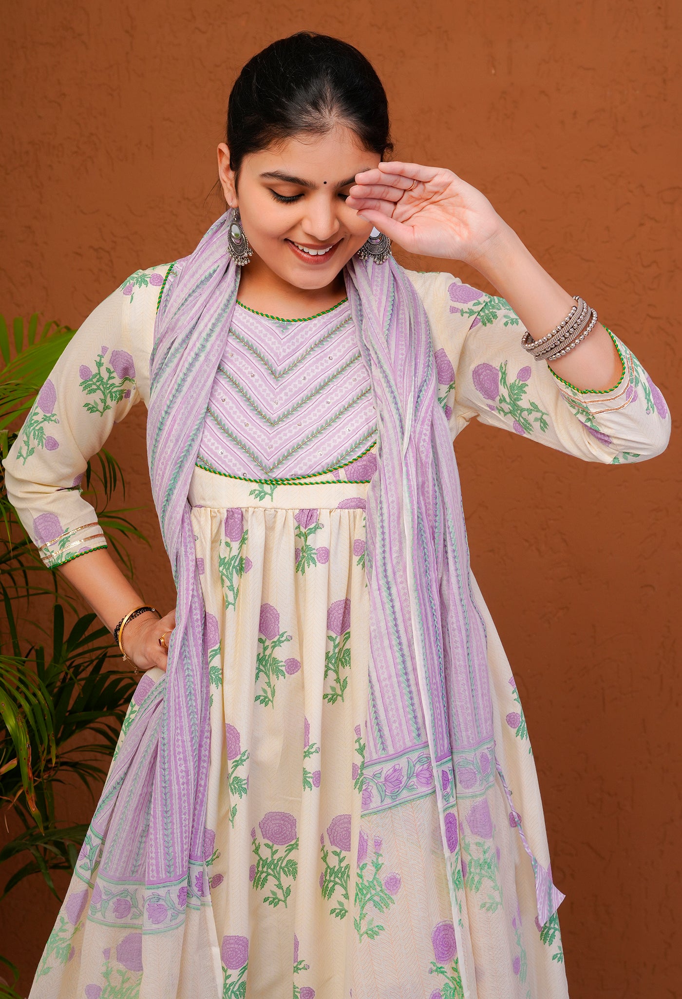 White & Purple Cotton Handblock Floral Print Kurta Suit Set featuring Gota Patti Work and Angrakha Style