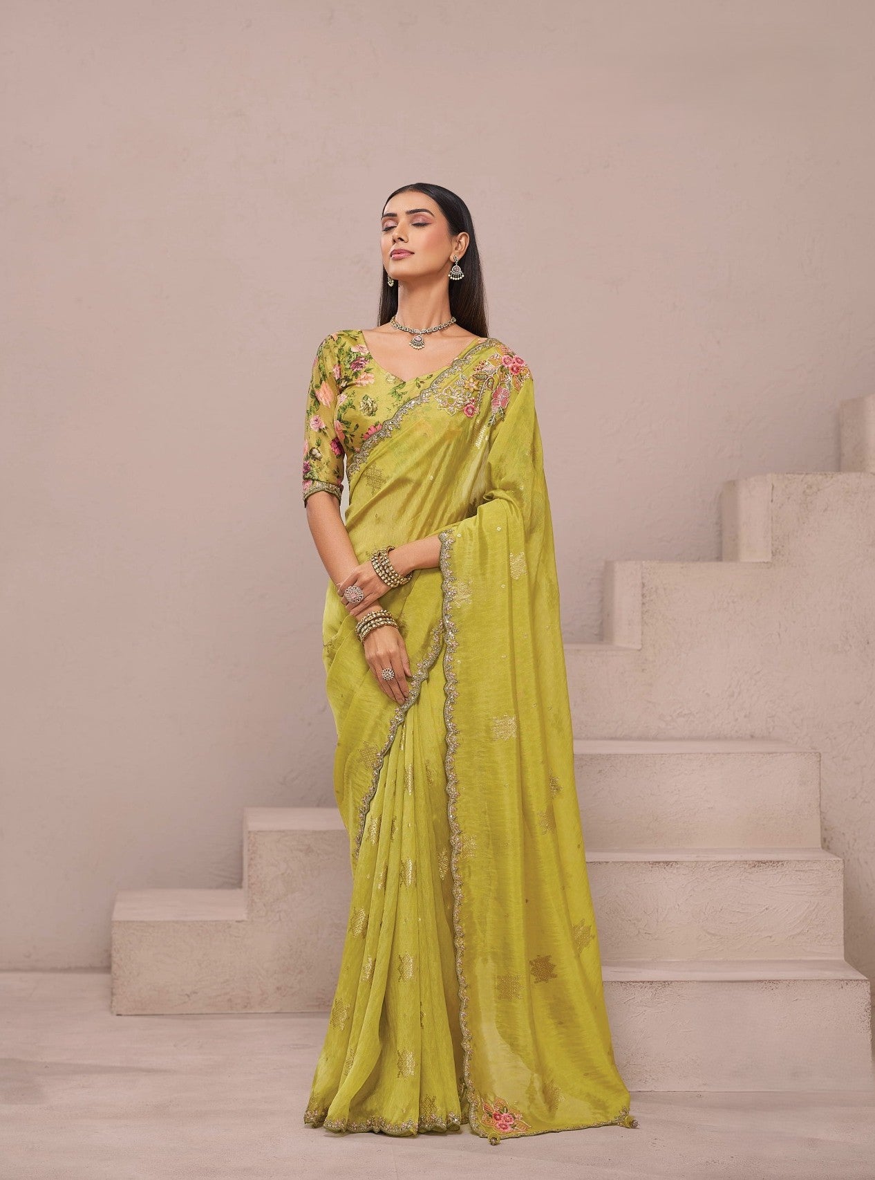 Olive Green Fancy Fabric Saree