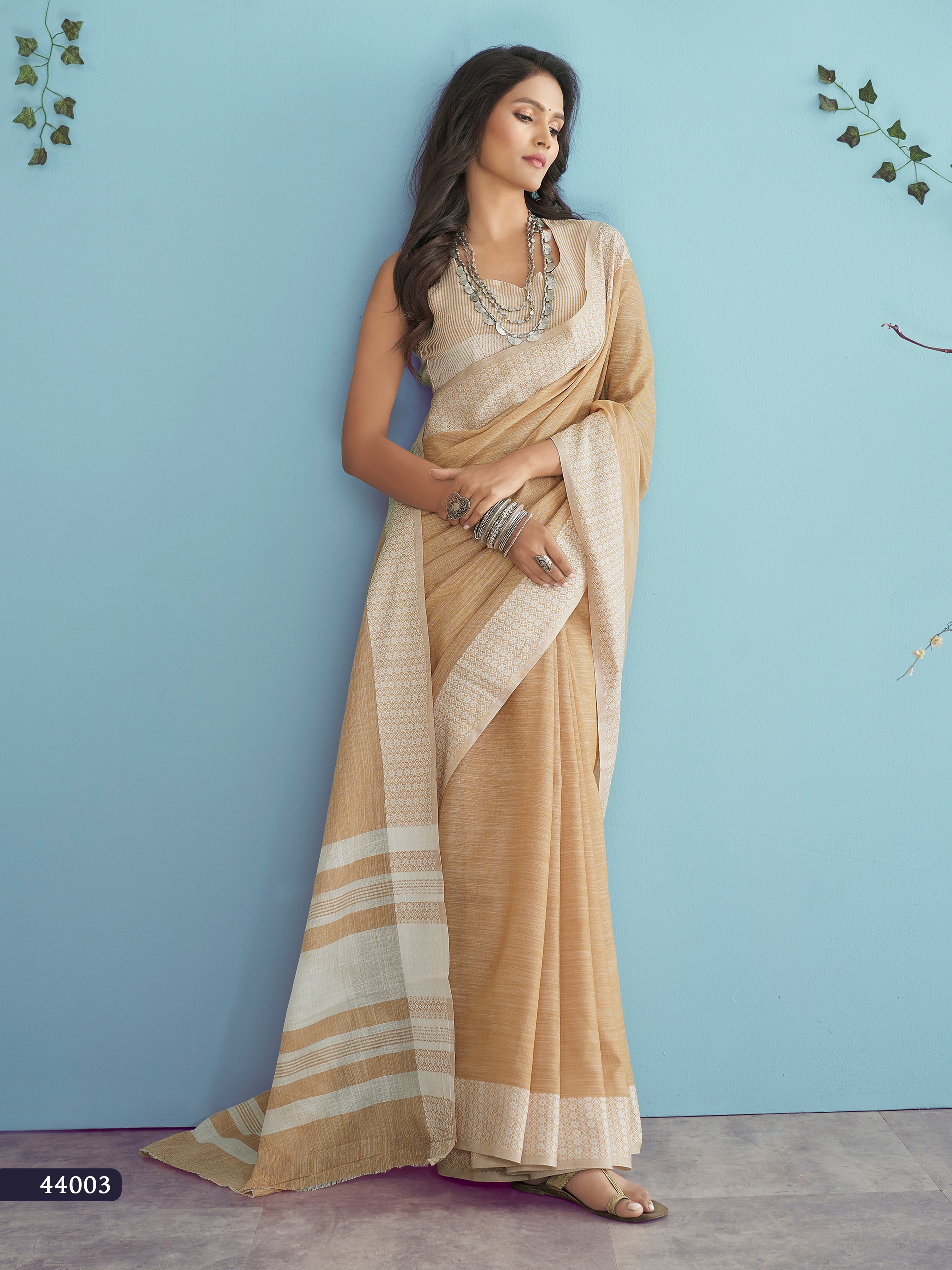 Beige Lakhnavi Silk Saree