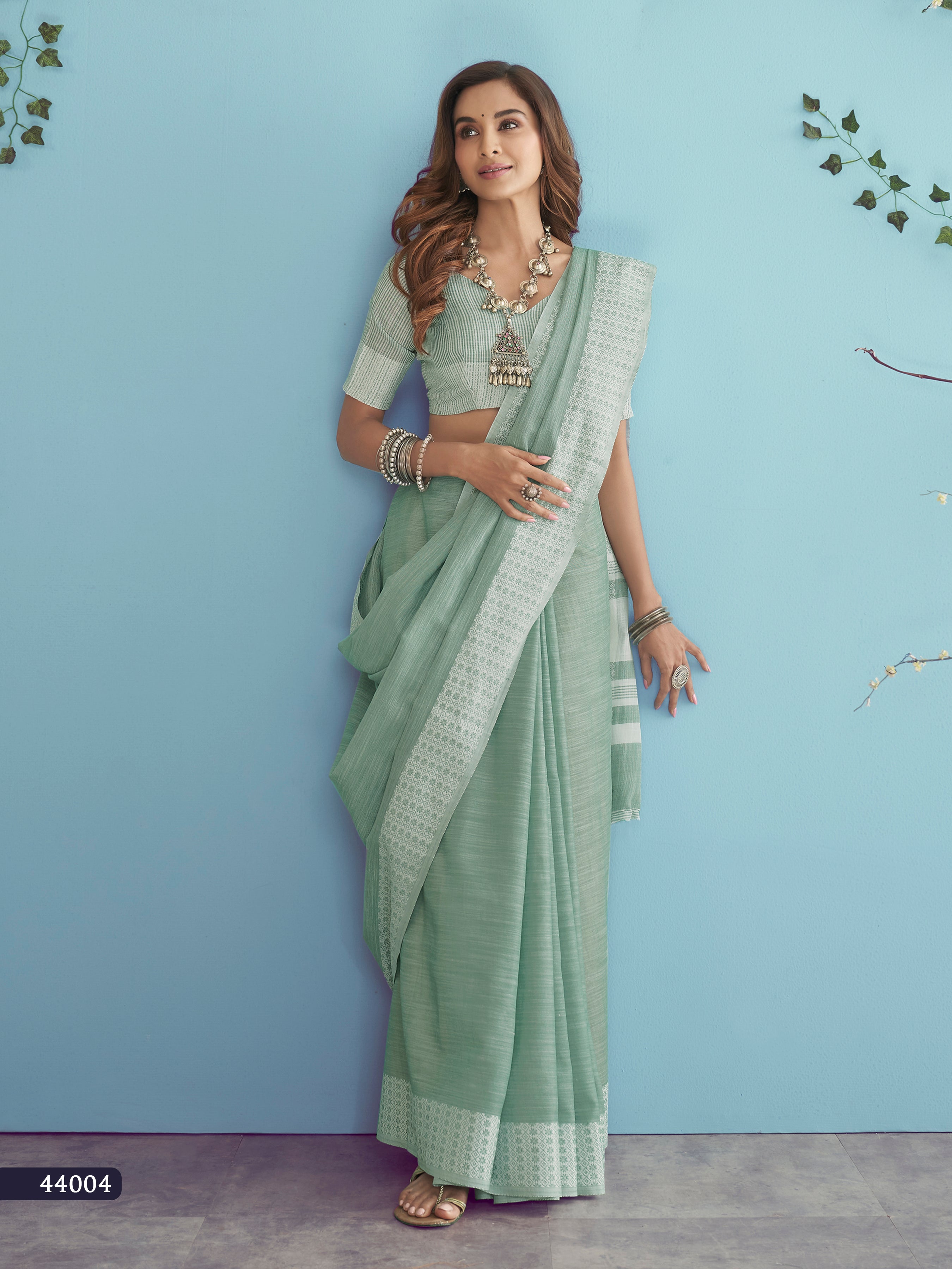 Light Green Lakhnavi Silk Saree