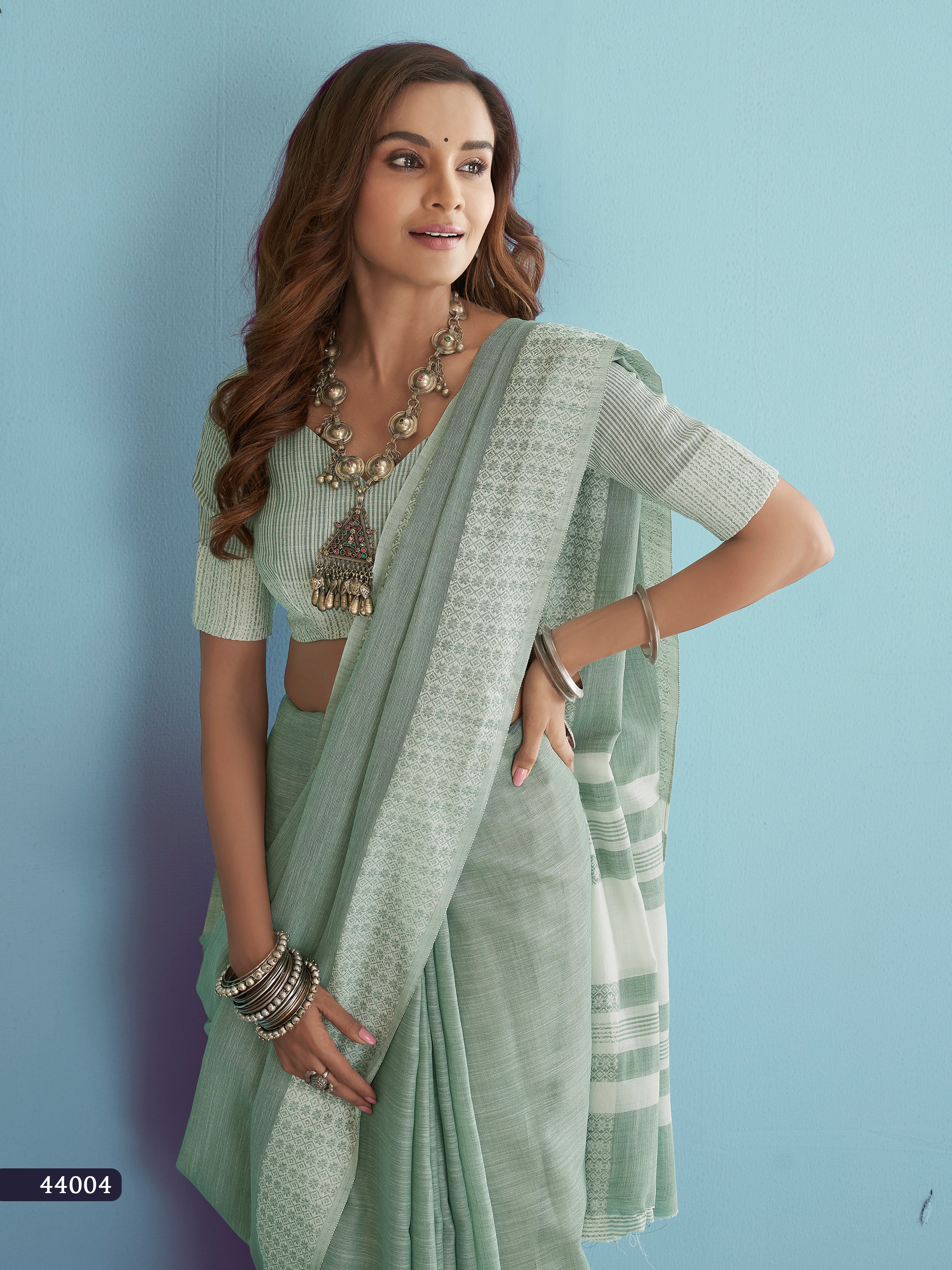 Light Green Lakhnavi Silk Saree