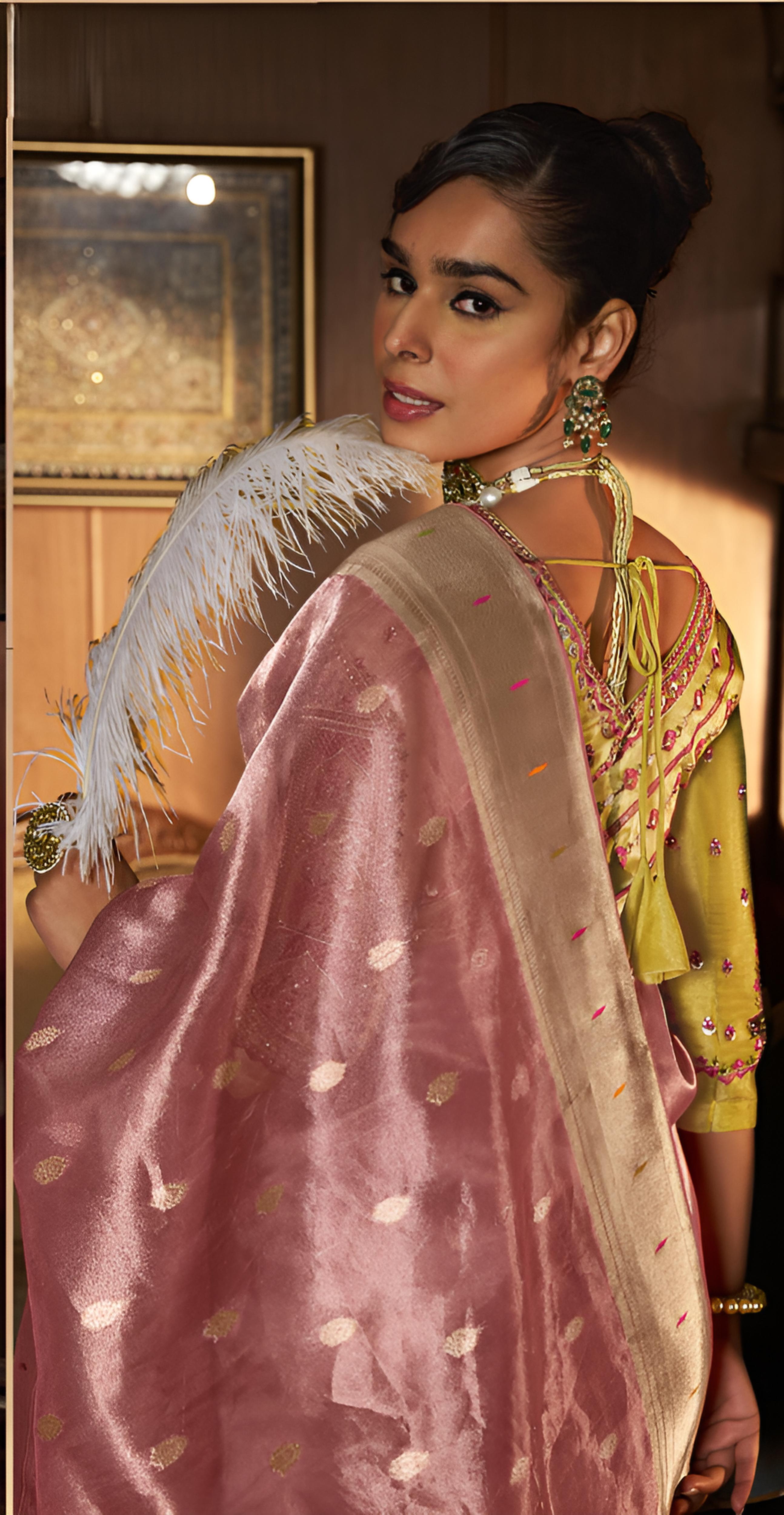 Rose Pink Tissue Paithani Saree With Embroidered Blouse