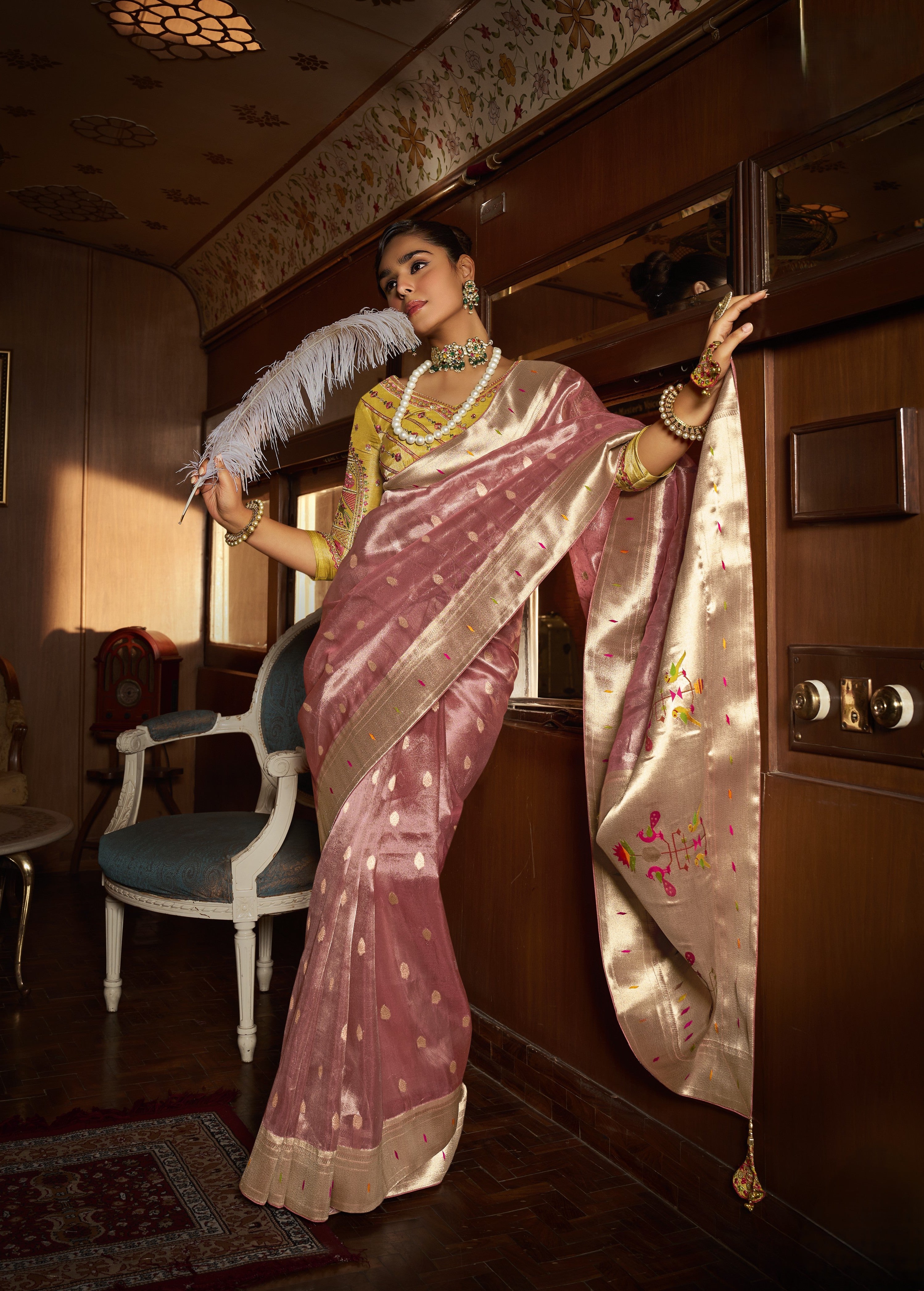 Rose Pink Tissue Paithani Saree With Embroidered Blouse