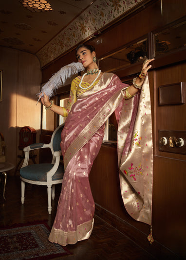 Rose Pink Tissue Paithani Saree With Embroidered Blouse