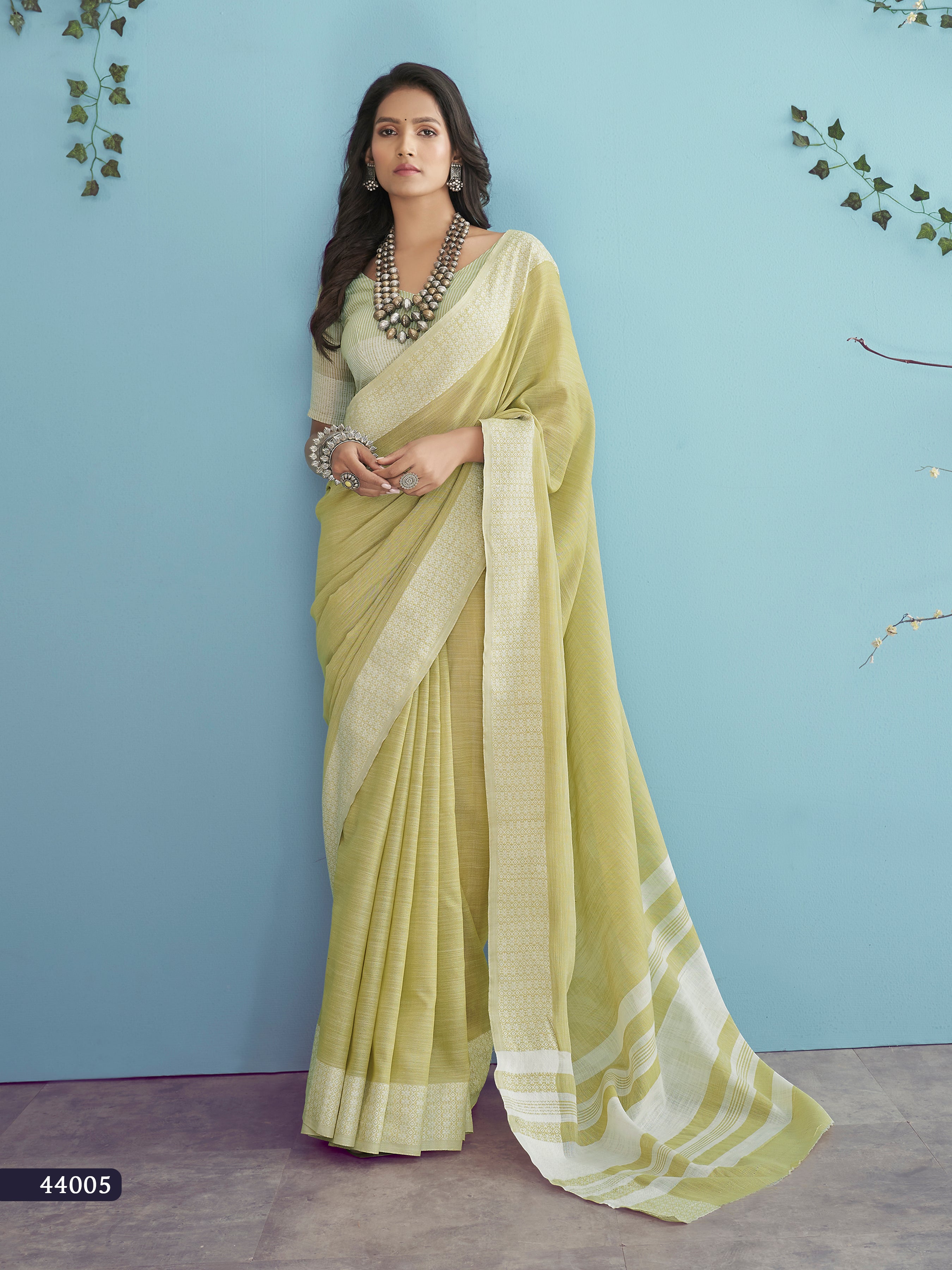 Light Yellow Lakhnavi Silk Saree