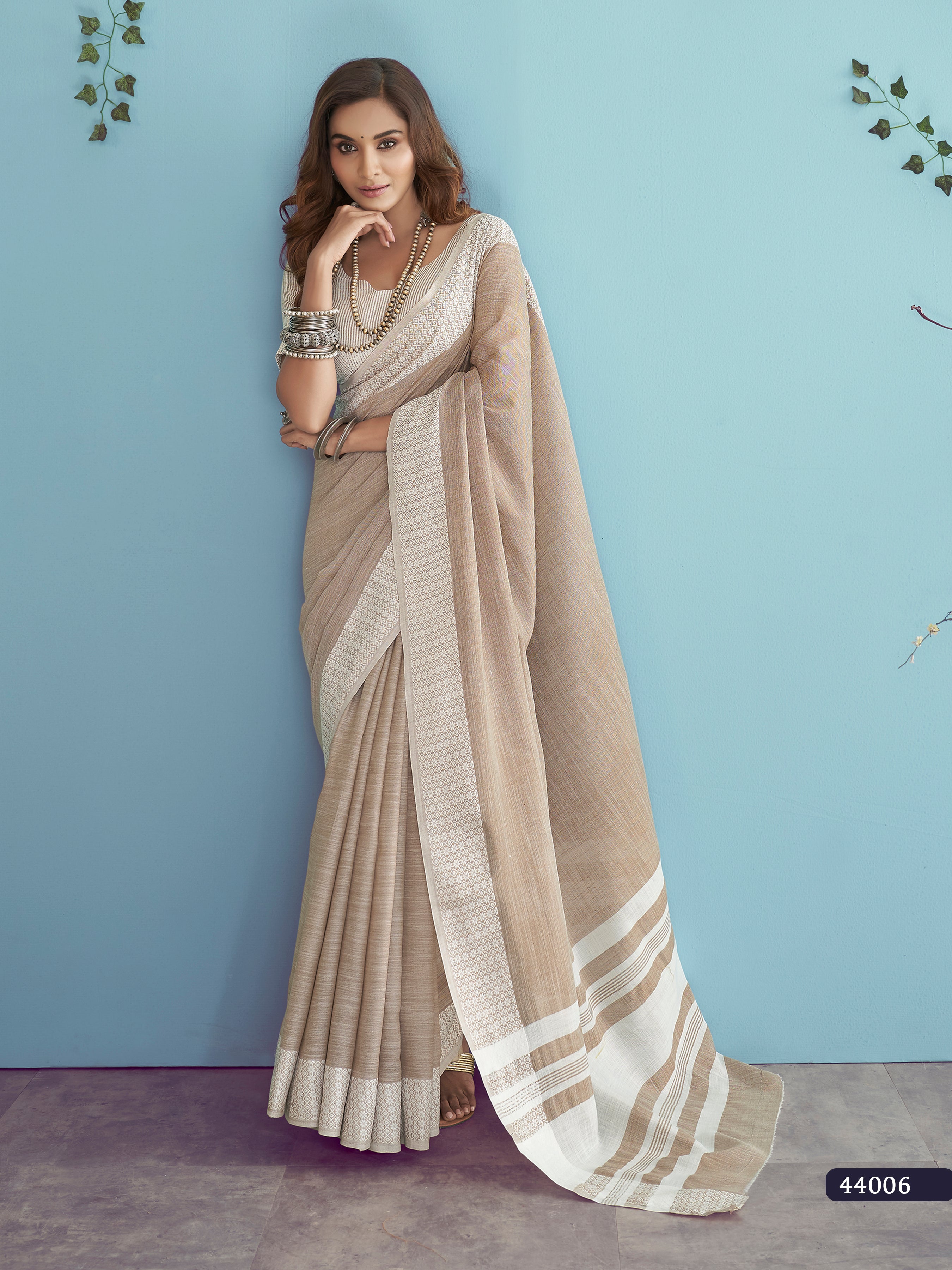 Cream Lakhnavi Silk Saree