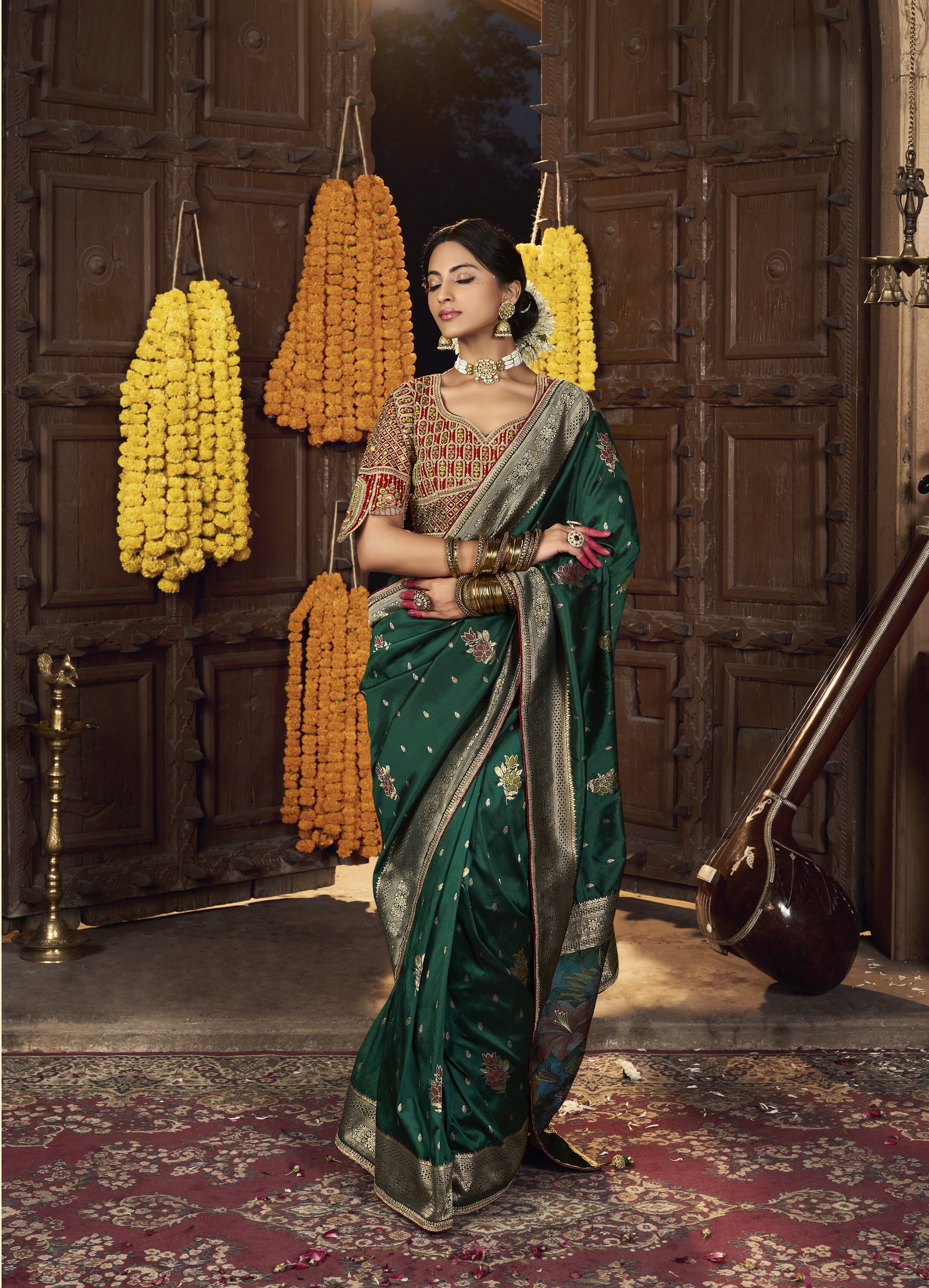 Teal Green Pure Silk Weaving Saree