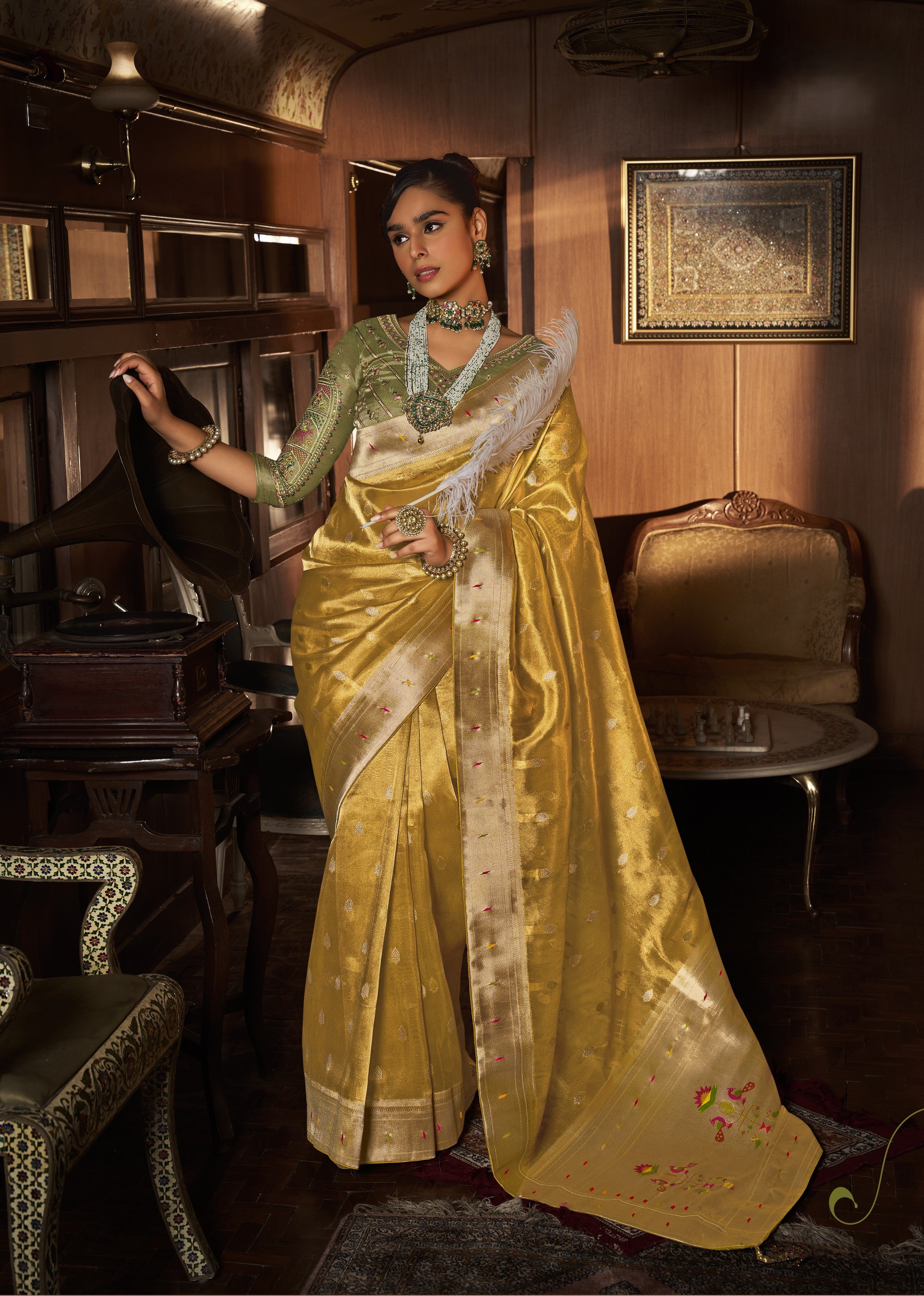 Golden Yellow Tissue Paithani Saree With Embroidered Blouse