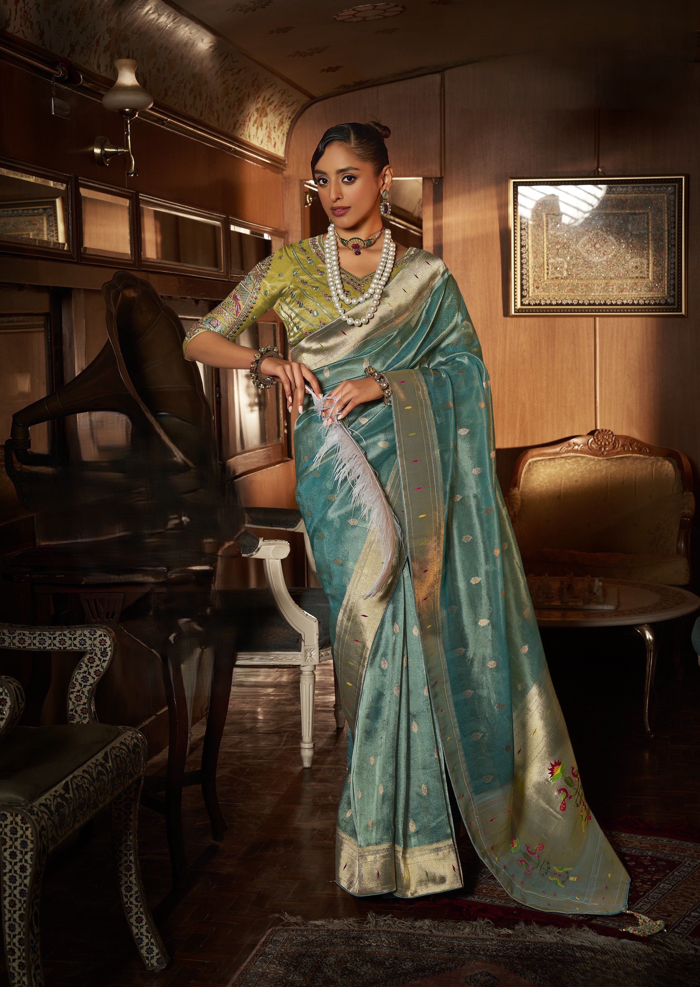 Teal Blue Tissue Paithani Saree With Embroidered Blouse